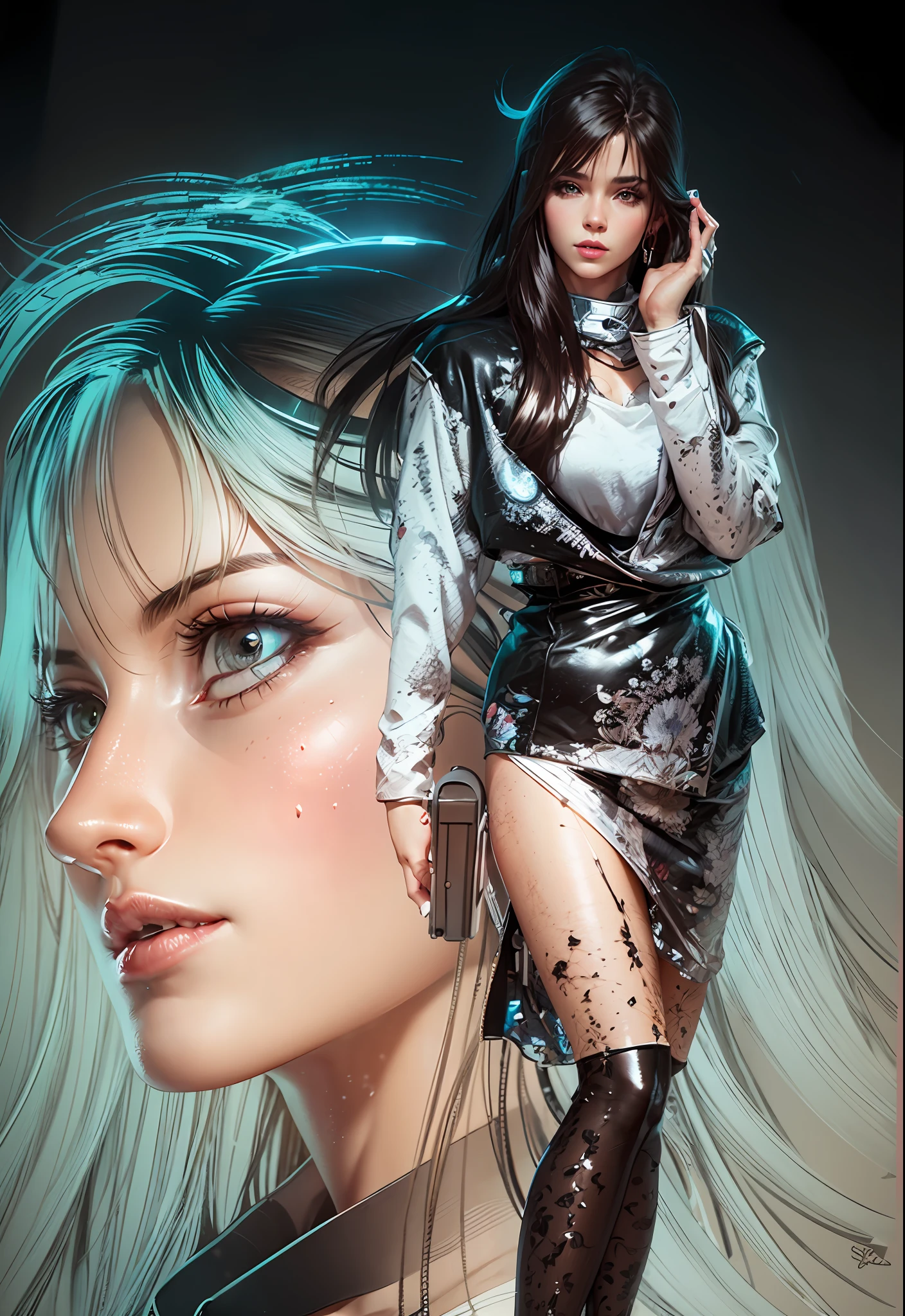 3d rendering, 1 woman, long hair, black stockings, short skirt, cinematic light effects, best quality, detailed details