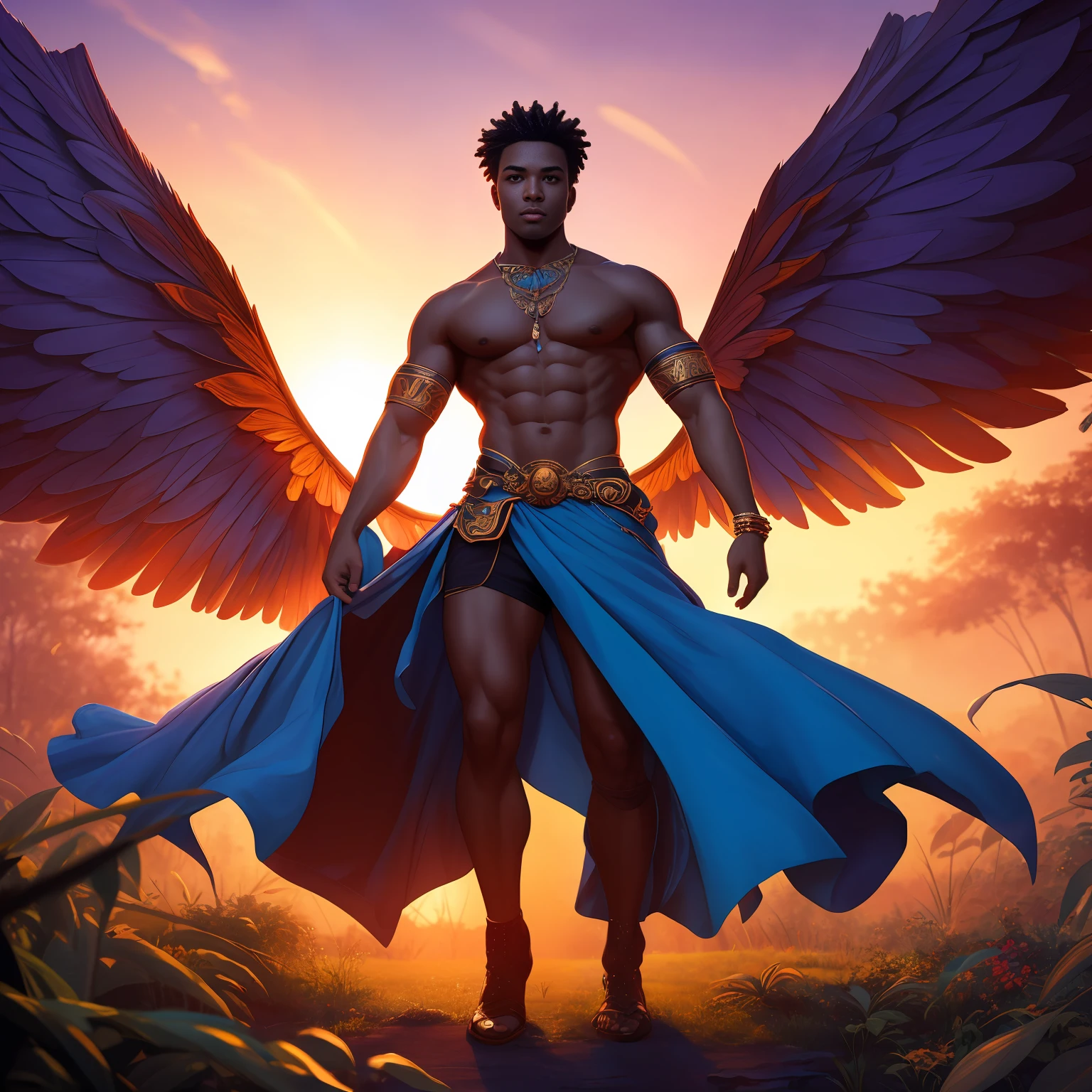 Cute male black man fairy with blue and orange details, large wings, forest in background, vibrant colors, full body, detailed face, detailed hands, detailed legs, detailed fingers, detailed hair, detailed eyes, detailed skin, lush vegetation blurred background, vibrant colors, lush light, soft light, sunset light, smooth light, symmetrical, full body, reflections, dynamic HDR lighting, 8k resolution,  cinematic film, smooth, sharp focus, realistic, strobe light beams, ((blurred background)):1.7, (((depth of field)) ):1.8, cinestill 800t 35mm, high quality, heavy grain, high detail, cinematic composition, dramatic light, anamorphic, ultra wide lens, hyperrealistic --auto