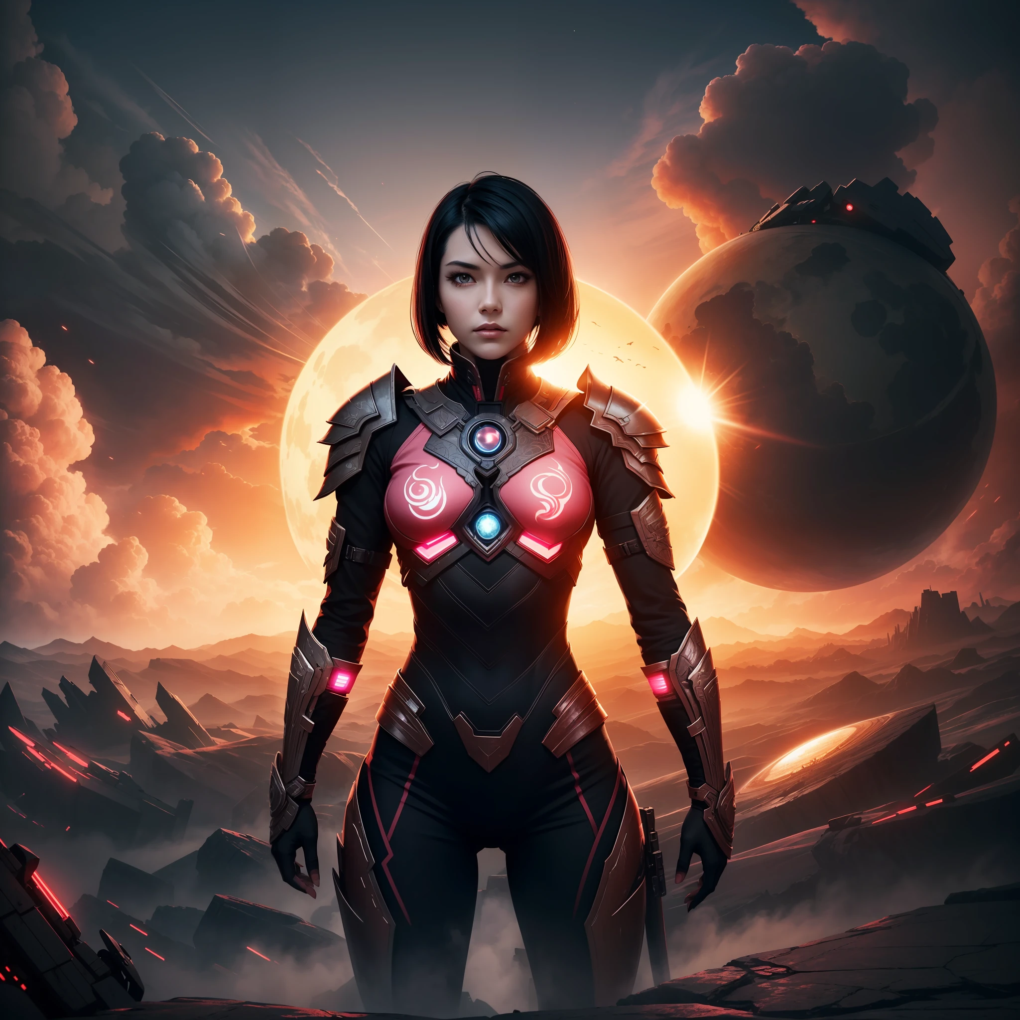 half body image of a Beautiful milf, small breasts, short flowing black hair, wearing an intricately detailed warrior suit, dystopian planet, ominous sun, red and pink clouds, smoky background, dynamic lights, action pose, 8k, highres