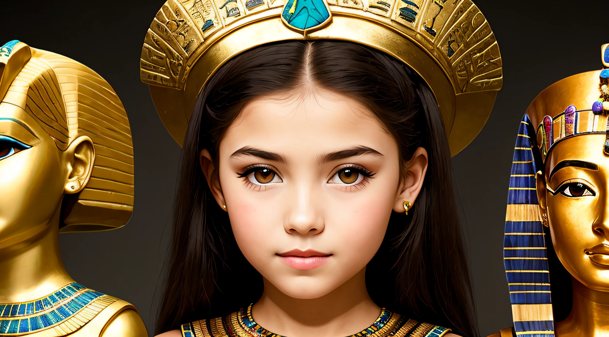 GIRL CHILD BLONDE WITH LONG HAIR, A PORTRAIT, of a bust of a mENINA CHILD wearing a hat, wearing an egyptian crown, Nefertiti, ancient egyptian, egyptian, egyptian makeup, precise for egyptian tradition, egyptian art, makeup of egypt, beautiful and huge head ornaments, ancient egyptian art, ancient egyptian art, ancient egypt, beautiful cleopatra, egyptian princess,  Ancient Princess Libu