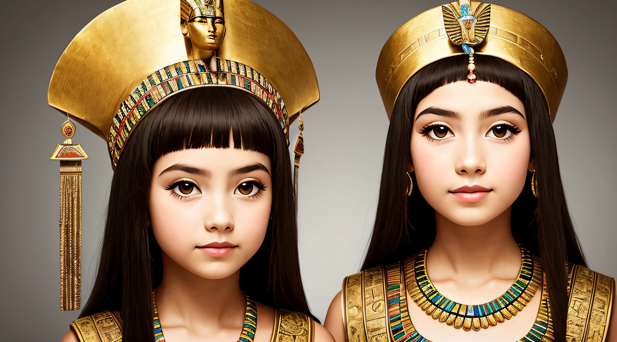 GIRL CHILD BLONDE WITH LONG HAIR, A PORTRAIT, of a bust of a mENINA CHILD wearing a hat, wearing an egyptian crown, Nefertiti, ancient egyptian, egyptian, egyptian makeup, precise for egyptian tradition, egyptian art, makeup of egypt, beautiful and huge head ornaments, ancient egyptian art, ancient egyptian art, ancient egypt, beautiful cleopatra, egyptian princess, Ancient Princess Libu