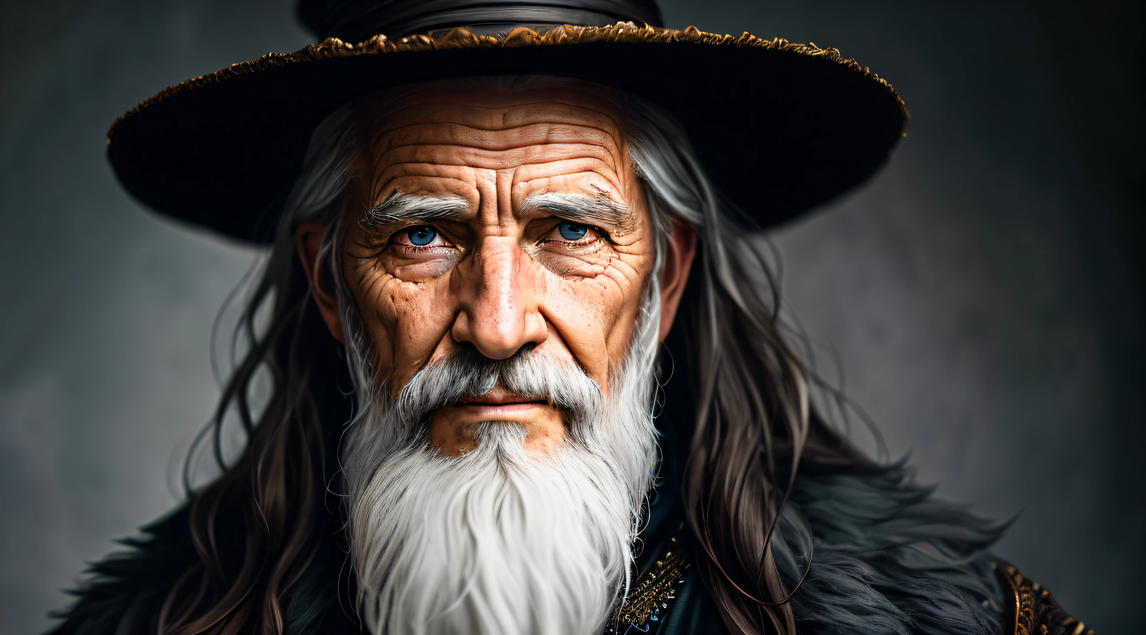 A portrait of a wizard, bearded, wrinkled, weathered, with piercing eyes, detailed face, high details, photography, dark studio, rim light, Nikon D850, 50mm, f/1.4