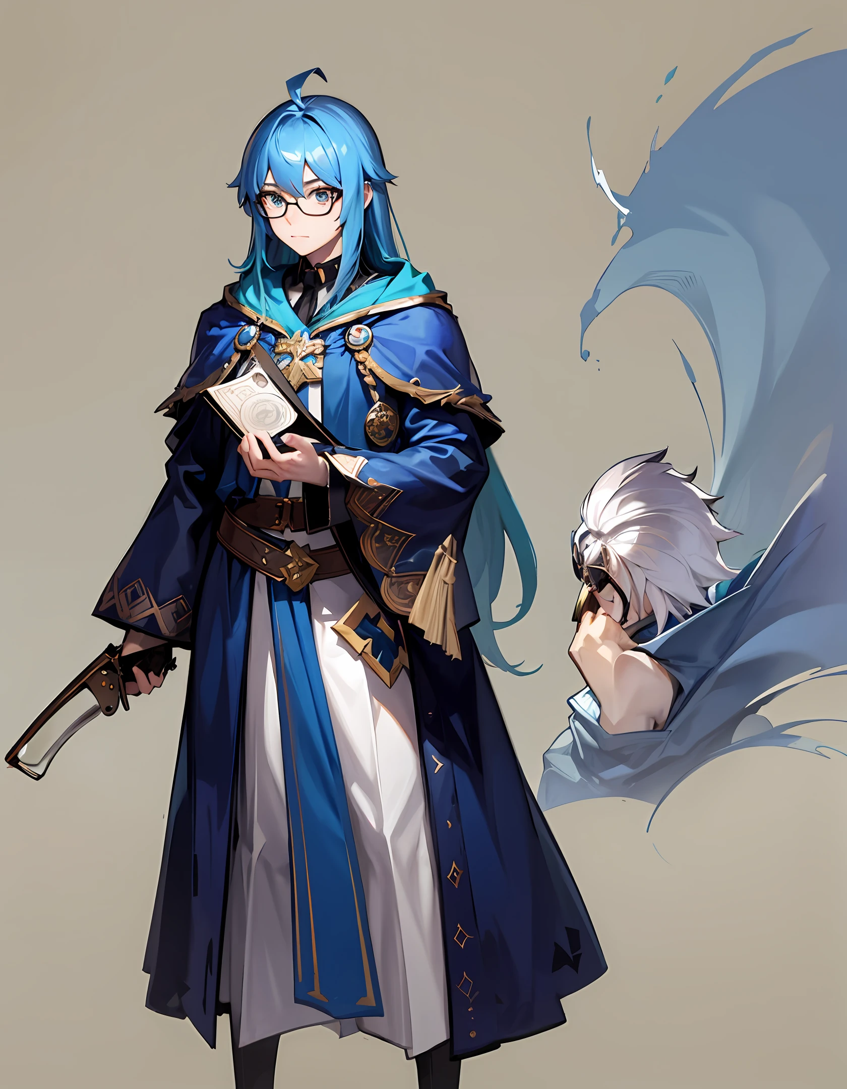 Man with long, spiky blue hair, wearing a blue wizard's outfit and glasses. And a grimoire in his hand