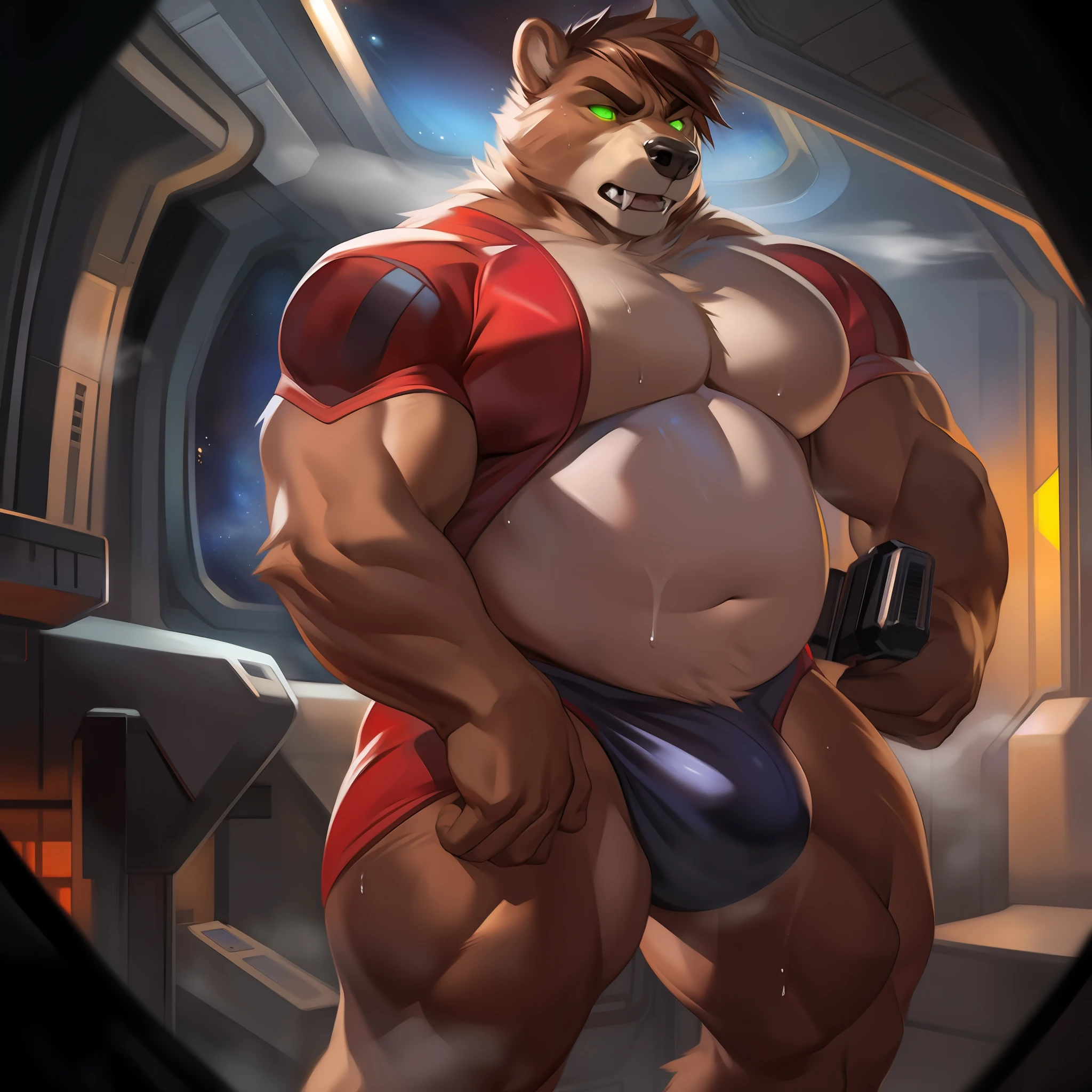 Solo, male, bear, bulge, detailed bulge, detailed crotch, muscular, big, strong, powerful, thick, wide, slightly chubby, large pecs, brown fur, brown body, fangs, teeth, angry, steam, sweaty, sweat, black nose, green eyes, detailed eyes, detailed hands, brown hair, hair covering eye, medium hair, by chunie, by darkgem, by glitter trap boy, spaceship, space, window, glowing eyes, blood on the wall, standing, red spacesuit, holding sci-fi rifle