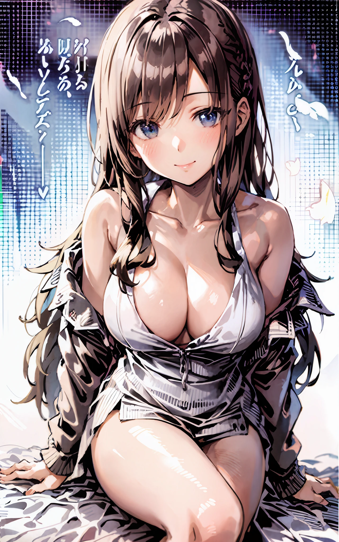 Masterpiece, Excellent, 1 Female, Solo, Long Hair, Brunette Hair, Feathers, Closed Mouth,  Shoulders, Cleavage, Light Smile, (Seated: 1.3),