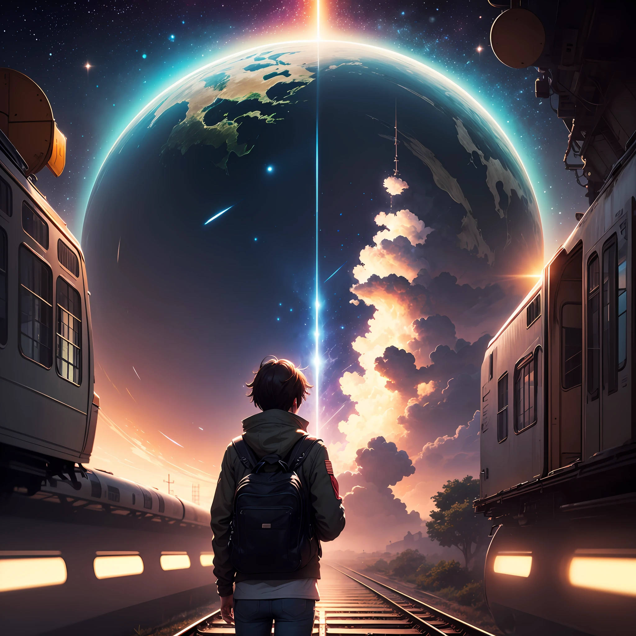 A long train traveling in space, Makoto Shinkai's concept art, magical realism, beautiful anime scenes, cosmic sky. Cosmic background