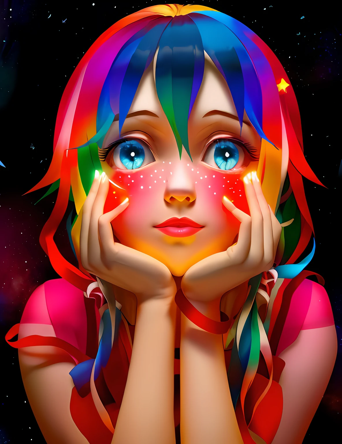 aerial, vivid colors, colored ribbons, small hanging stars, black background, volumetric light