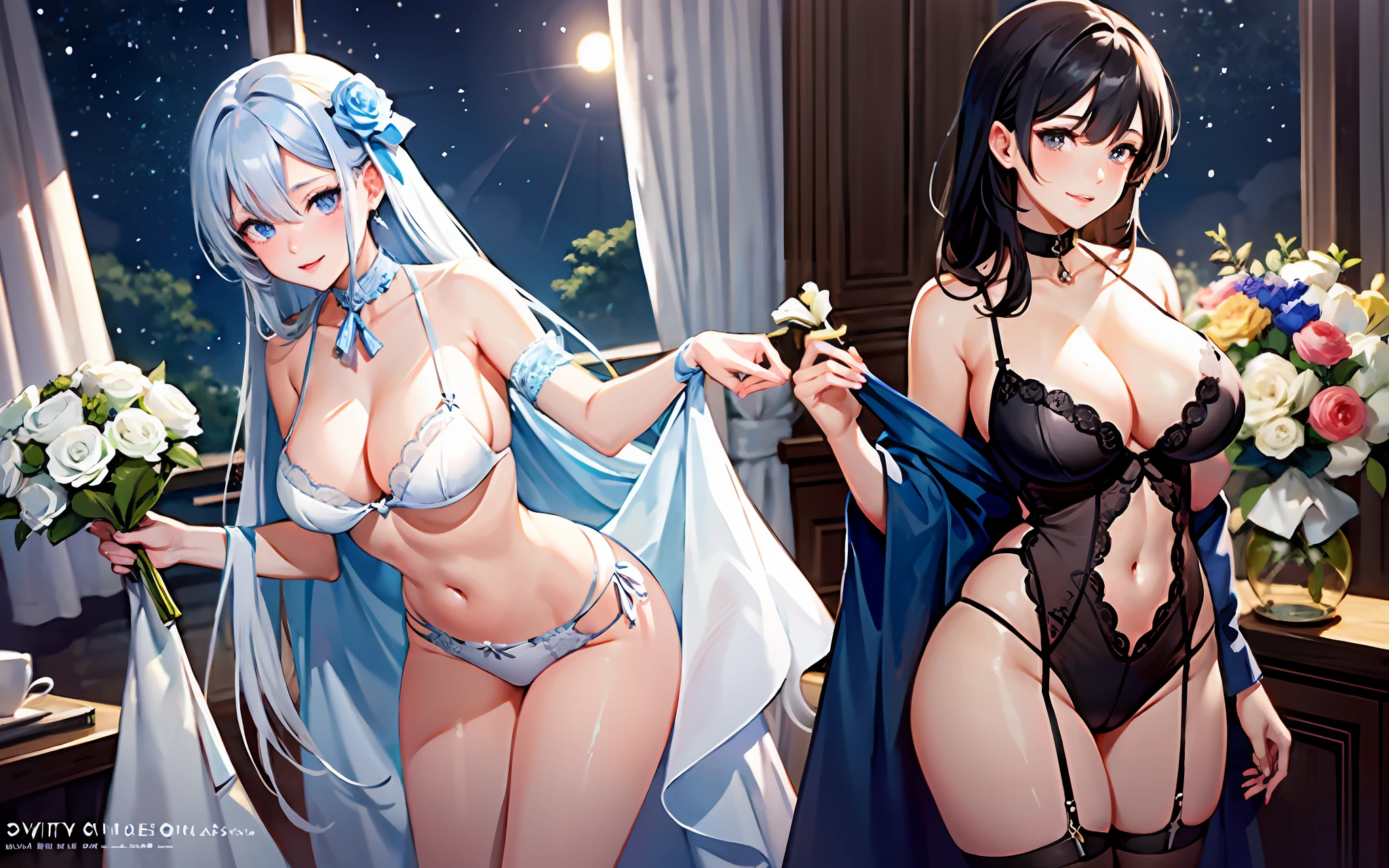 A woman in white erotic lingerie holding a bouquet of flowers, Guvez on Pixiv Art Station, Trends on Art Station Pixiv, Guwiz on Art Station Pixiv, Night Core, Guwiz, Beautiful Anime Girl, CGsociety, Pixiv Contest Winner, Beautiful Anime Woman, Beautiful Seductive Anime Woman, Guwiz style artwork, 🌺 Big breasts