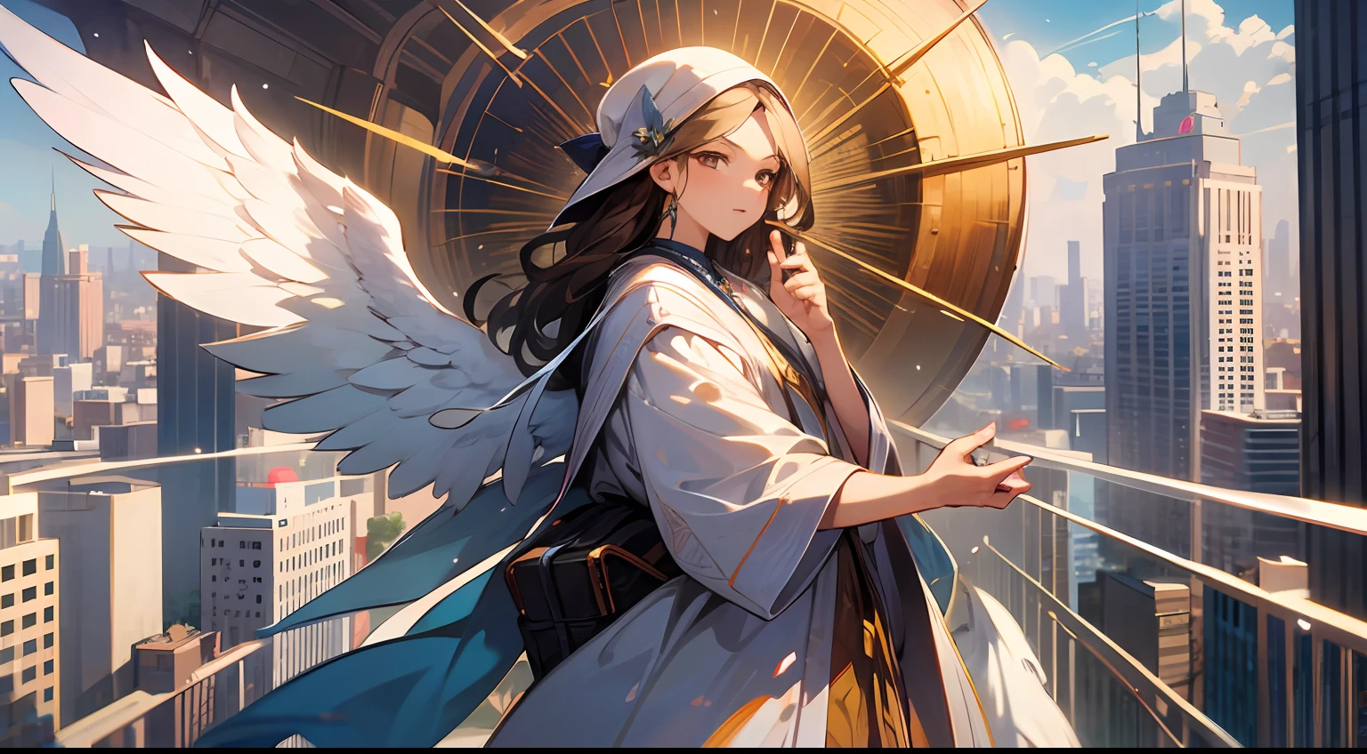 The Heavenly Messengers masterpiece, ultra detailed CG art, There was a thriving and bustling HD realistic city where people lived their everyday lives without knowing that something extraordinary was about to happen. In this city, angels sent by God walked discreetly among the crowds, with the mission of delivering divine messages to people chosen by the Most High lustration of high quality, face. beautiful --auto