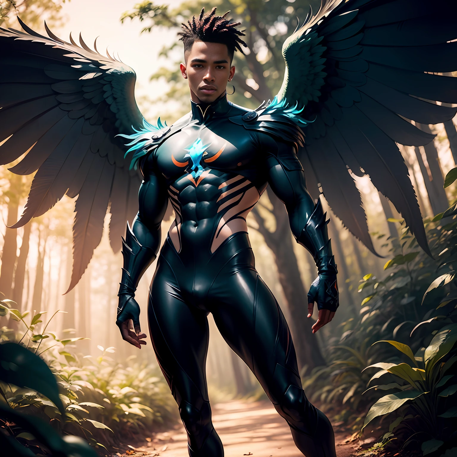 Black Fairy Beautiful Male Black Man with Blue and Orange Details, Large Wings, Forest in the Background, Vibrant Colors, Full Body, Detailed Face, Detailed Hands, Detailed Legs, Detailed Fingers, Detailed Hair, Detailed Eyes, Detailed Skin, Lush Vegetation Blurred Background, Vibrant Colors, Lush Light, Soft Light, Sunset Light, Smooth Light, Symmetrical, Full Body, Reflections, HDR Dynamic Lighting, 8K Resolution, cinematic film, smooth, sharp focus, realistic, strobe light beams, ((blurred background)):1.7, (((depth of field)) ):1.8, cinestill 800t 35mm, high quality, heavy grain, high detail, cinematic composition, dramatic light, anamorphic, ultra wide lens, hyperrealistic --auto