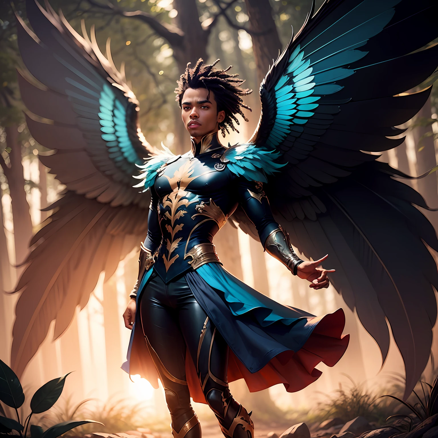 Black Fairy Beautiful Male Black Man with Blue and Orange Details, Large Wings, Forest in the Background, Vibrant Colors, Full Body, Detailed Face, Detailed Hands, Detailed Legs, Detailed Fingers, Detailed Hair, Detailed Eyes, Detailed Skin, Lush Vegetation Blurred Background, Vibrant Colors, Lush Light, Soft Light, Sunset Light, Smooth Light, Symmetrical, Full Body, Reflections, HDR Dynamic Lighting, 8K Resolution,  cinematic film, smooth, sharp focus, realistic, strobe light beams, ((blurred background)):1.7, (((depth of field)) ):1.8, cinestill 800t 35mm, high quality, heavy grain, high detail, cinematic composition, dramatic light, anamorphic, ultra wide lens, hyperrealistic --auto