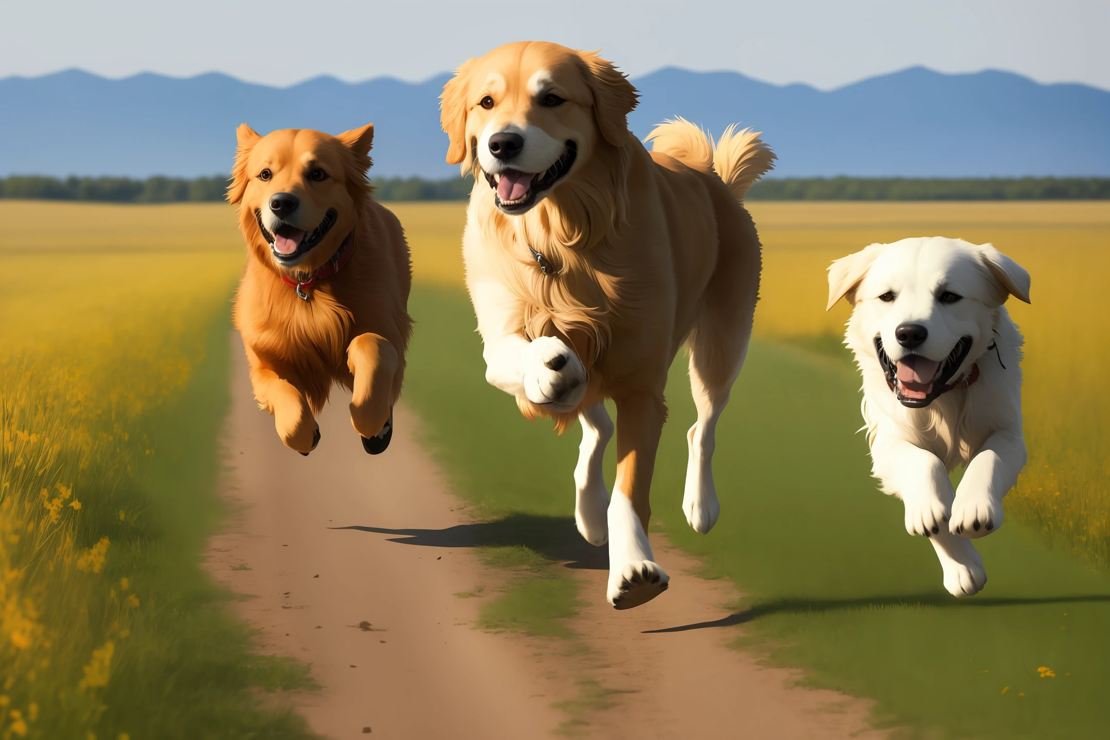 In the Phaeton Sile steppe, a golden retriever is running to his heart's content, and his owner happily chases behind