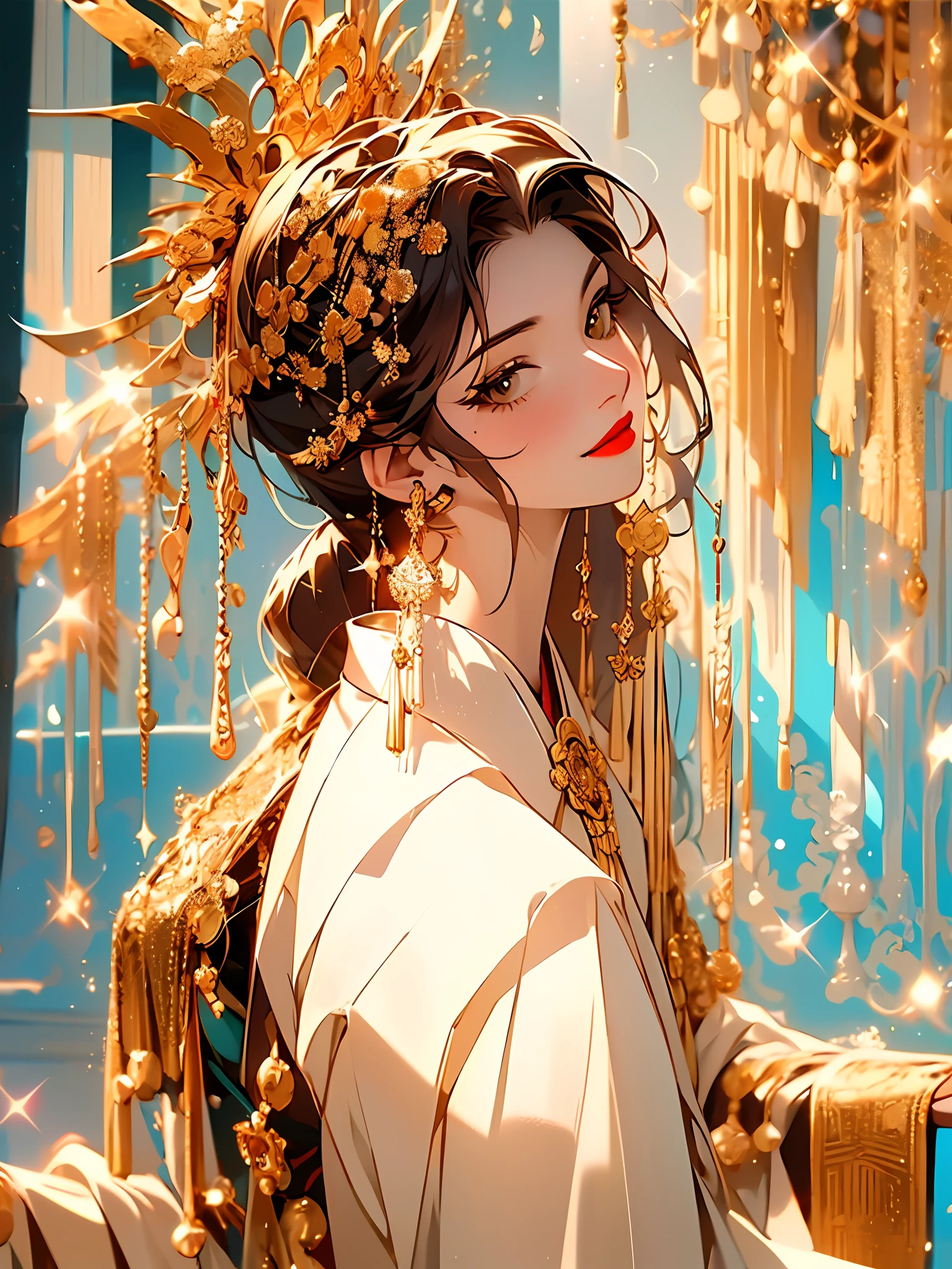 zanhua, Best quality, masterpiece, 1 girl, holding flower, red flower on head, wearing hanfu, in red and white, looking at viewer, golden embroidery, ornate hairpin, jade accessories, red lips, rosy cheeks, slender figure, elegant posture, graceful, serene expression, standing in imperial palace, red pillars, golden details, intricate carvings, decorative screens:, sparkling jewels, outdoors