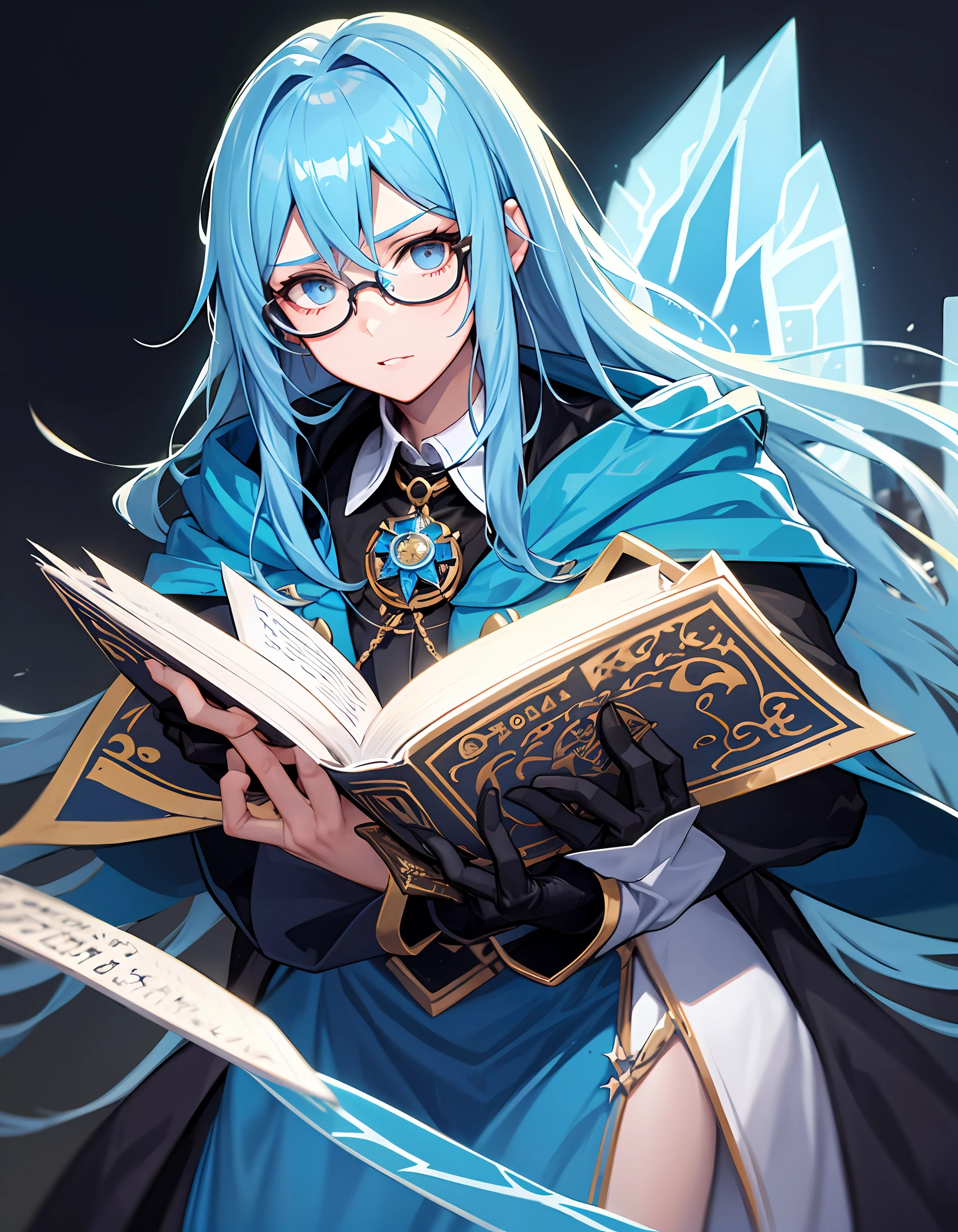 Man with long, spiky blue hair, wearing a blue wizard's outfit and glasses. And a grimoire in his hand
