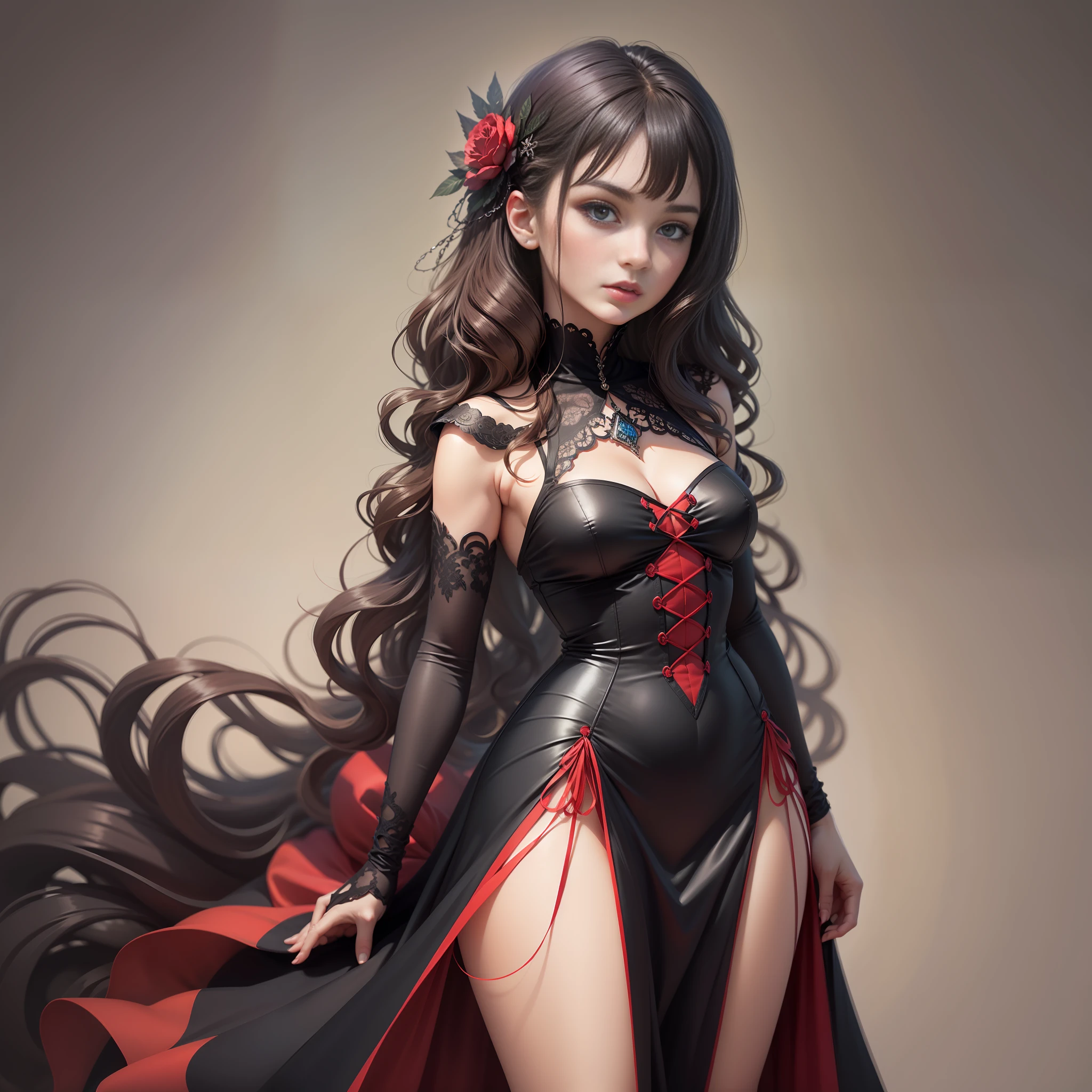 Super pretty woman, delicate and beautiful wavy braided hair, black and red goth loli dress, full body, perfect proportions, dark fantasy, portrait, high resolution, highest quality, super high quality, super detail, ultra realistic, photorealistic