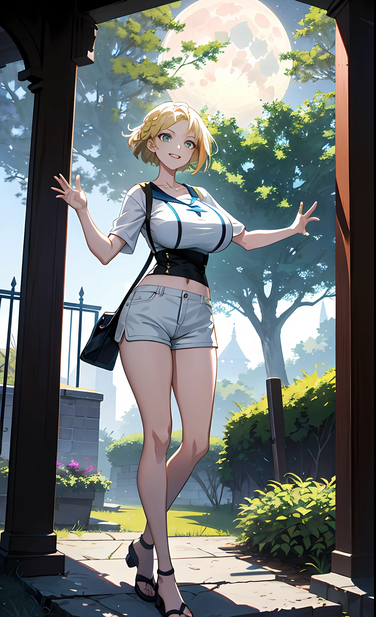 girl, big breast, alone, happy, short hair, parted braids, beautiful blonde hair, in a tree, huge tree, branches, leaves, backyard, white fence, casual outfit, shorts. anime, professionally color graded, HDR, anime faces, hyper resolution, created by Artgerm, Greg Rutowski volumetric lighting, intricately detailed outfit, dynamic pose, octane engine, unreal engine, moon can be seen in painting