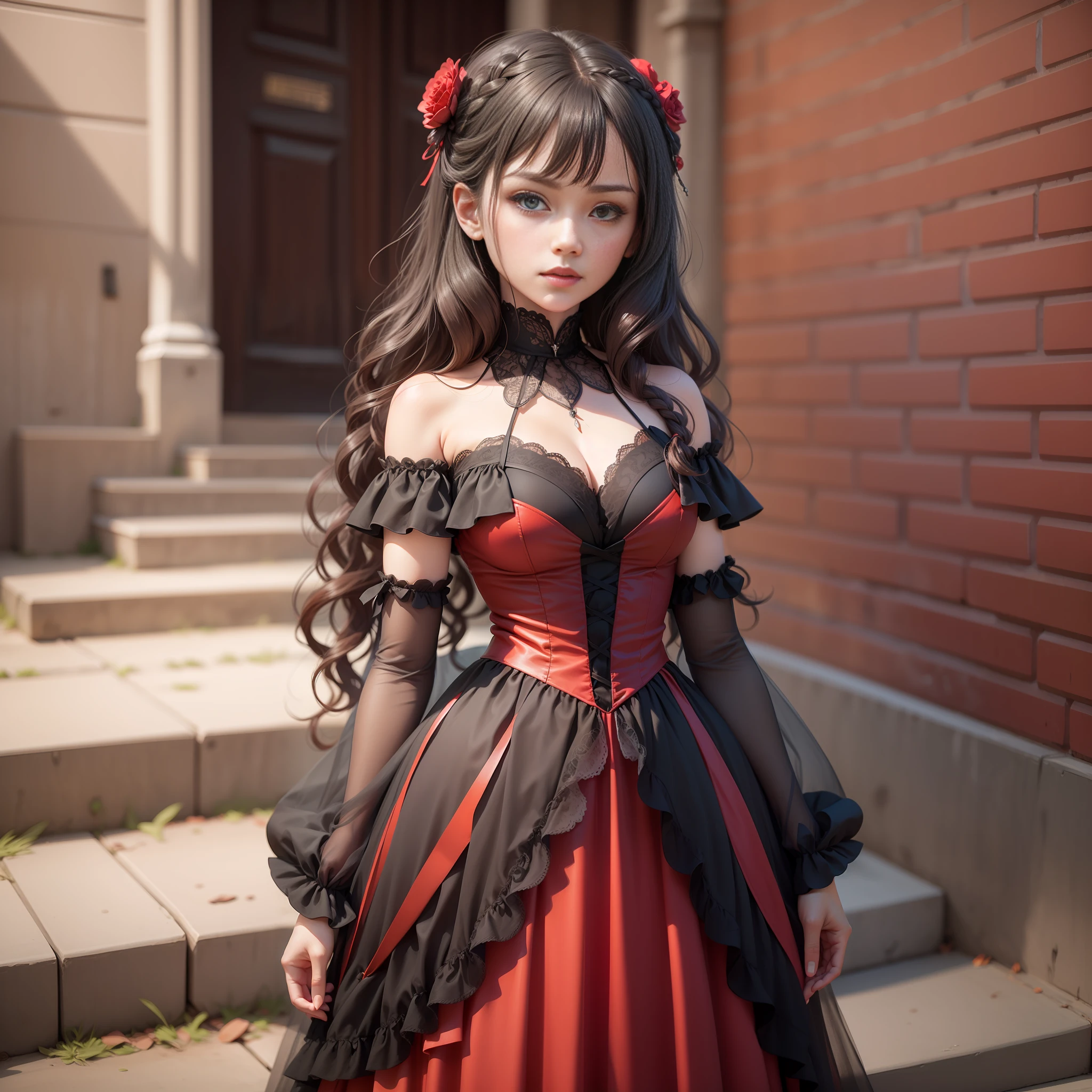 Super pretty woman, delicate and beautiful wavy braided hair, black and red goth loli dress, full body, perfect proportions, dark fantasy, portrait, high resolution, highest quality, super high quality, super detail, ultra realistic, photorealistic
