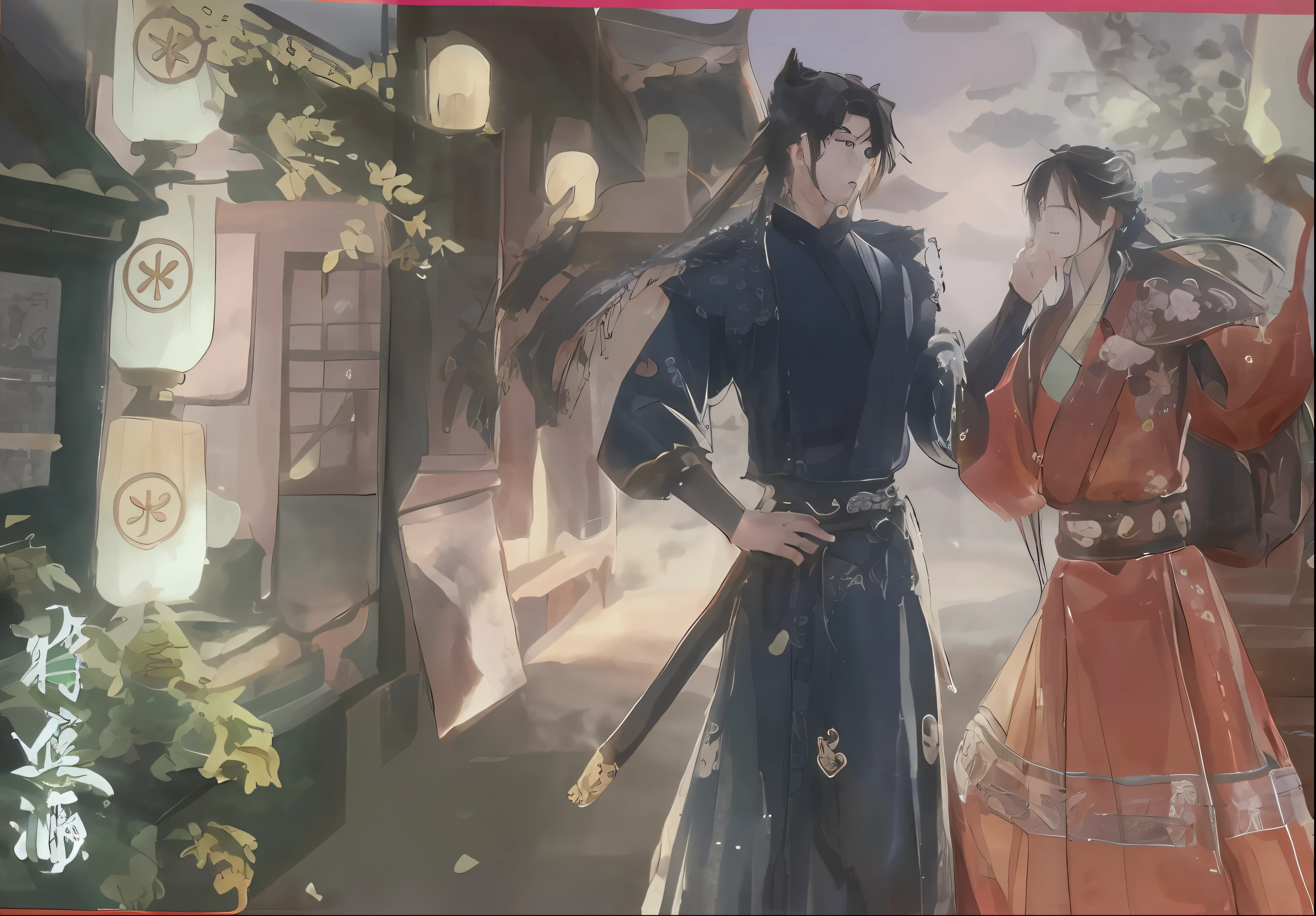 anime scene of a man and woman in traditional clothing standing in front of a building, by Yang J, handsome guy in demon slayer art, heise jinyao, yiqiang and shurakrgt, from sengoku period, full body wuxia, official fanart, inspired by Zhu Derun, painted in anime painter studio, sengoku - era art style