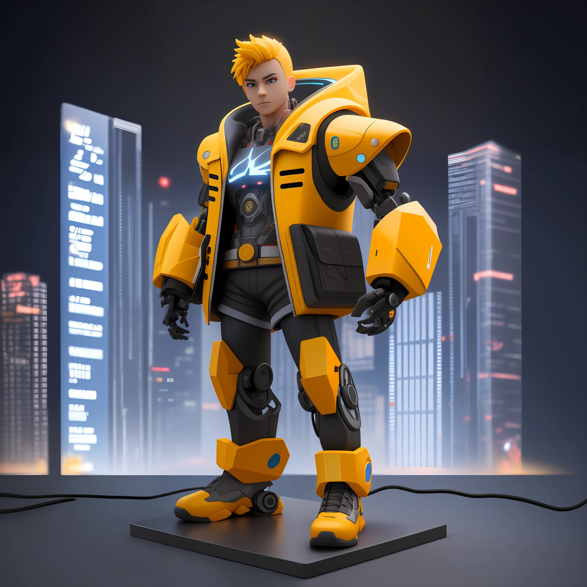 mechanical cyborg, chibi boy, resin mockuP, complex details, looking at viewer, bored pose, full body, black background,super trendy, with yellow hair, bored face, robotic arms, holding black mecha guns, wearing black bullet proof jacket, and black orange nike functional shoes, neon light lines on jacket shorts and shoes, fine luster, clay material,popmart style, cyberpunk, ip by popmart, mockup blind box,studio light, front view, 3d rendering, c4d, octane render, blender, hyper quality, ultra hd, ultra high detail, 8k,