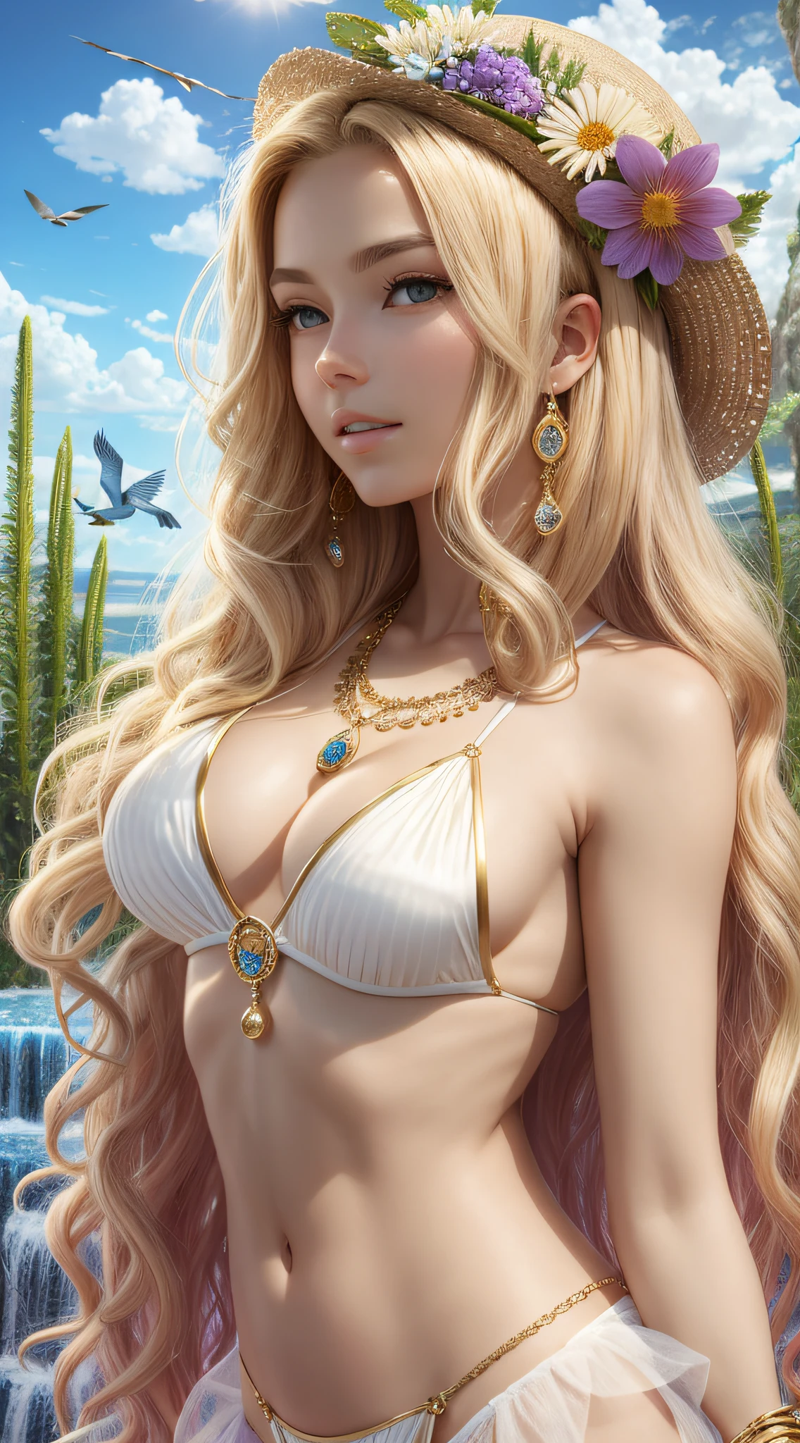 [Blonde woman with long hair: 1.2, white bikini, gold beads: 1.1, gold ring, gold bracelet, grass, flowers: 1.1, waterfall, blue sky, sun, birds in the sky: 1.1] --self -- self