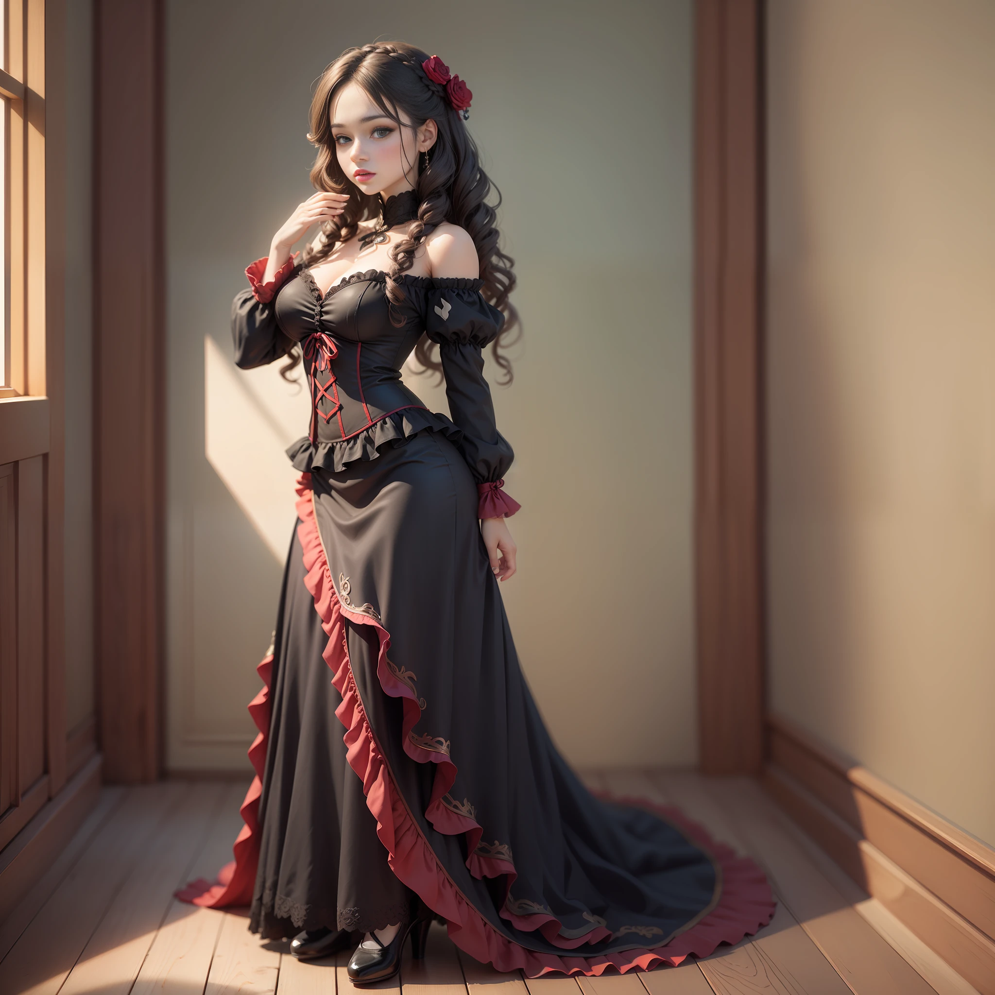 Super cute gentle face woman, delicate and beautiful wavy braided hair, black and red French doll-like dress, full body, perfect proportions, dark fantasy, portrait, high resolution, highest quality, super high quality, super detail, ultra realistic, photorealistic