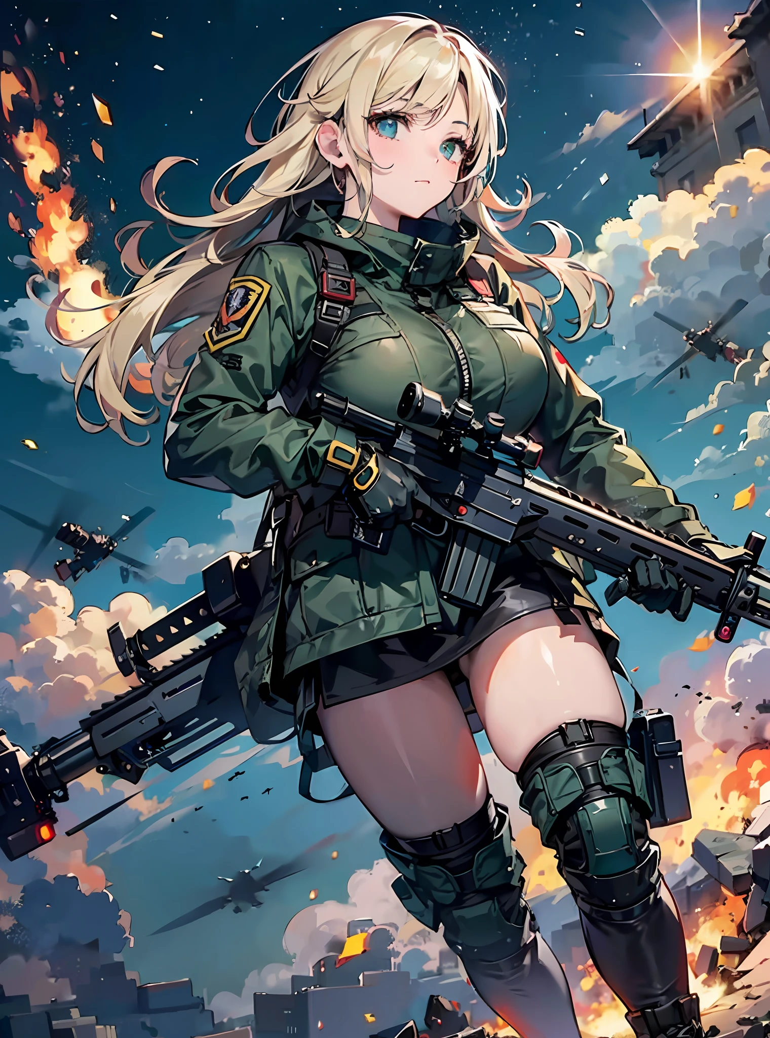 {{Masterpiece, top quality, highly detailed CG, 16K, movie lighting, lens flare}}, (1 girl soldier sniping a huge military robot with Lahti L-39 anti-tank gun), wide view, thick body, Photorealism: 1.4, long blonde hair, green eyes, have multiple weapons, aim accuracy 1.4, Lahti L-39 anti-tank gun, direct light, Night footage with f/1.8 lens flare, shot on rubble with a depth of field of 35mm ((Shinjuku at night with five special forces SWATs in combat)), (sniping with anti-tank rifles), from side, HDR, hyper detailed, the wreckage of a giant robot, (wide angle lens)