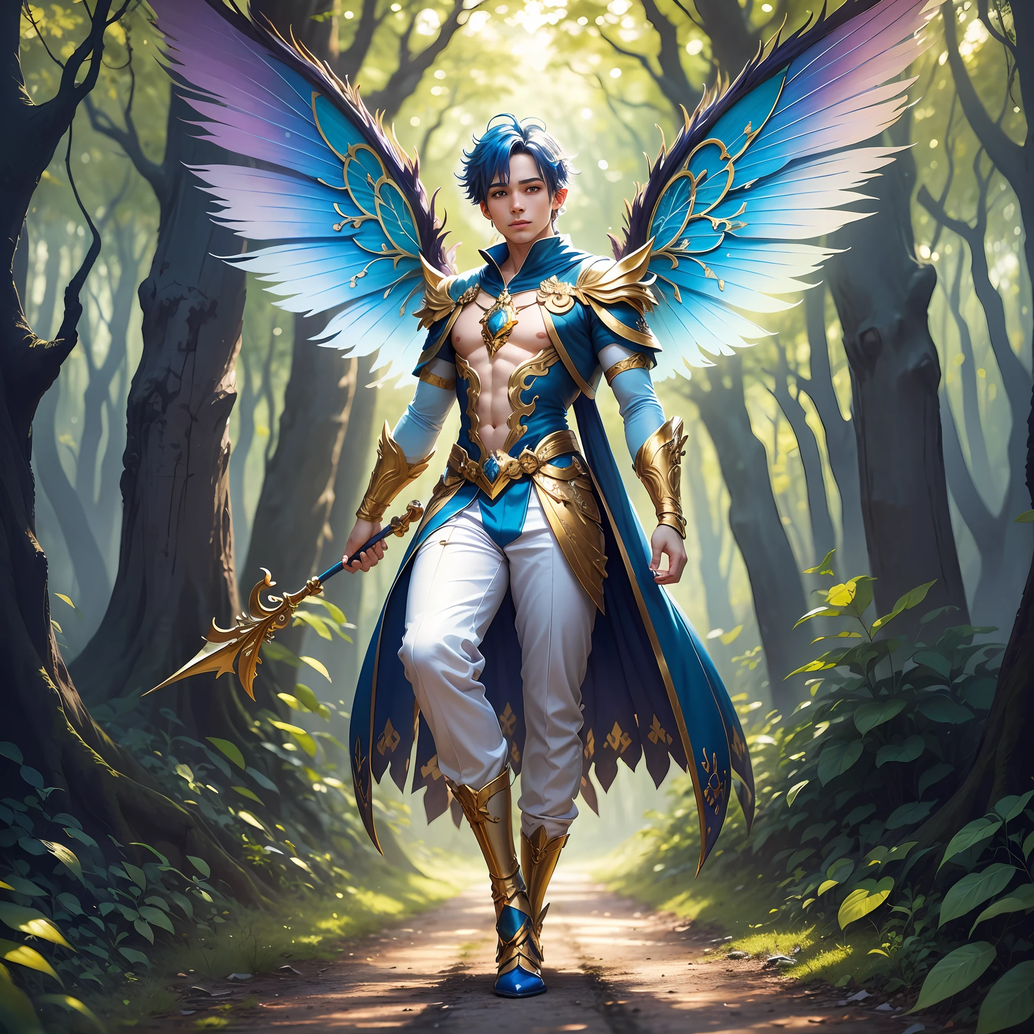 Cute male fairy with blue and gold details, large wings, forest in the background, vibrant colors, lush light, soft light, sunset light, smooth light, symmetrical, full body --auto --s2