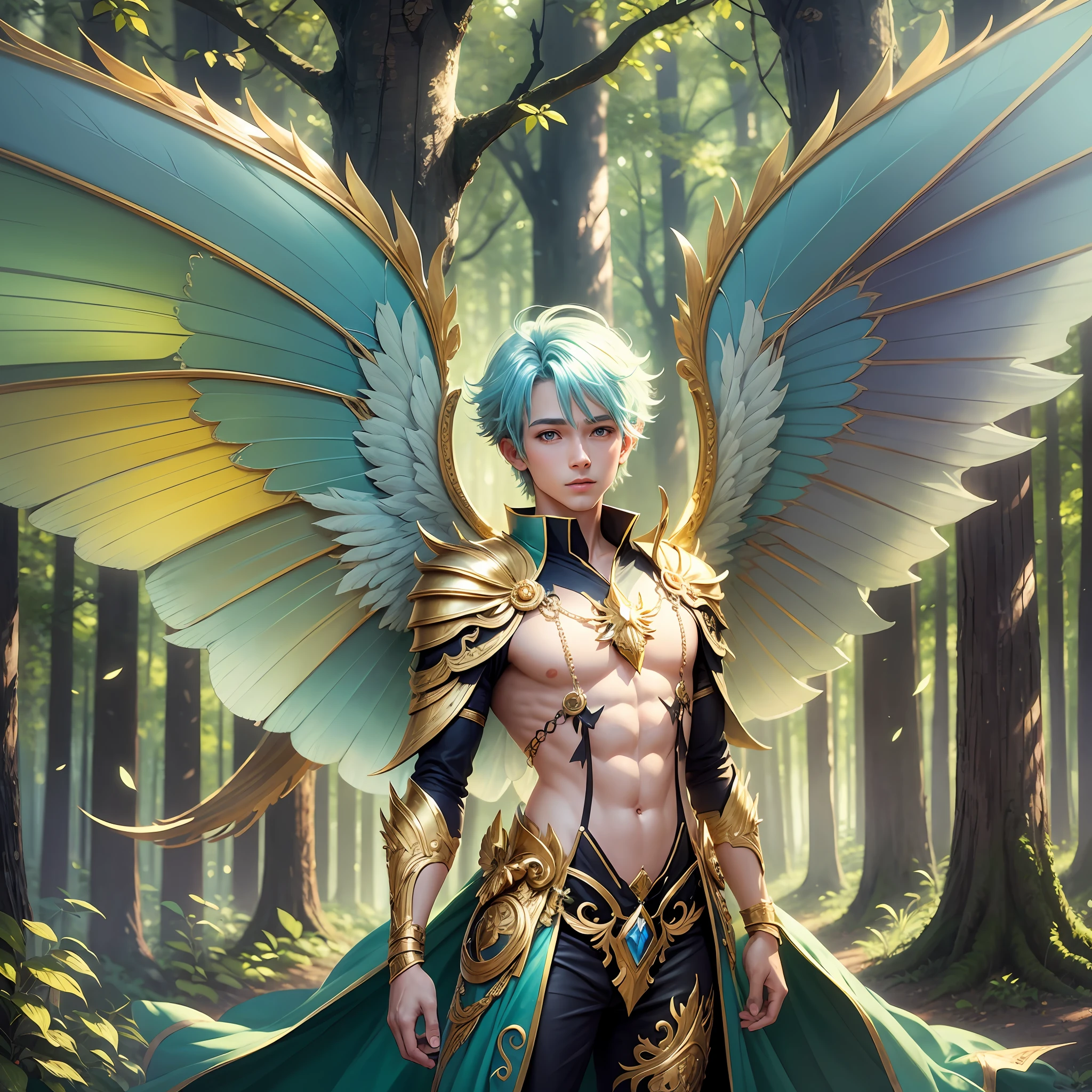 Cute male fairy with white and gold details, large wings, forest in the background, vibrant colors, lush light, soft light, sunset light, smooth light, symmetrical, full body --auto --s2