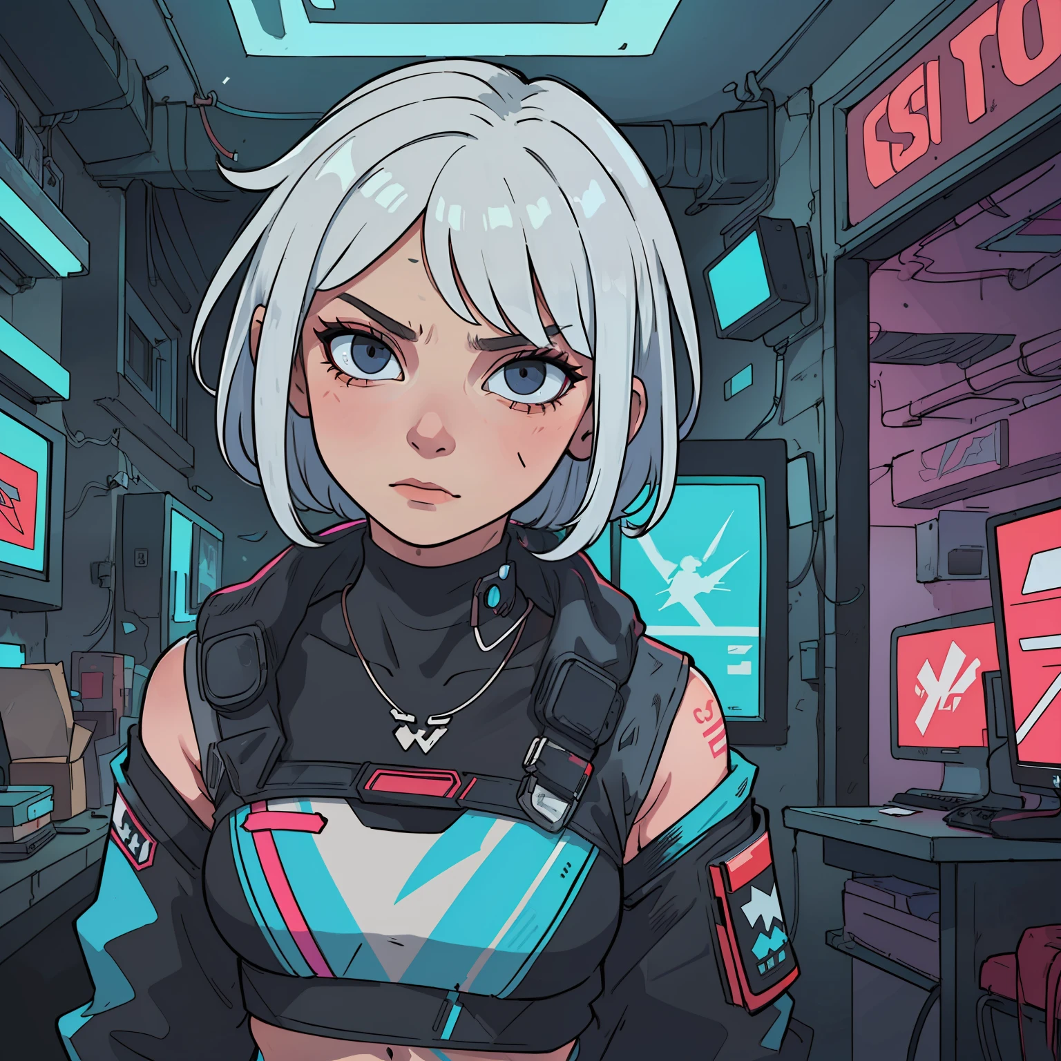 ((masterpiece)), ((best quality)), (((ultra high resolution)), a woman, orc, white hair, alone, serious, cyberpunk clothes 2077, inside a cyberpunk house 2077, very detailed background, detailed skin, detailed face, gorgeous, messy, dynamic poses, hacker, hologram, futuristic clothes