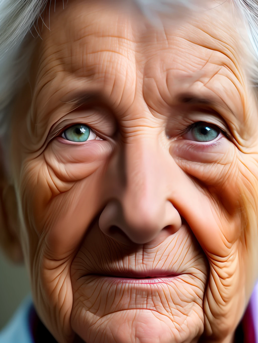 Intense close-up photo of a very old woman’s face, focus on her eyes, very detailed