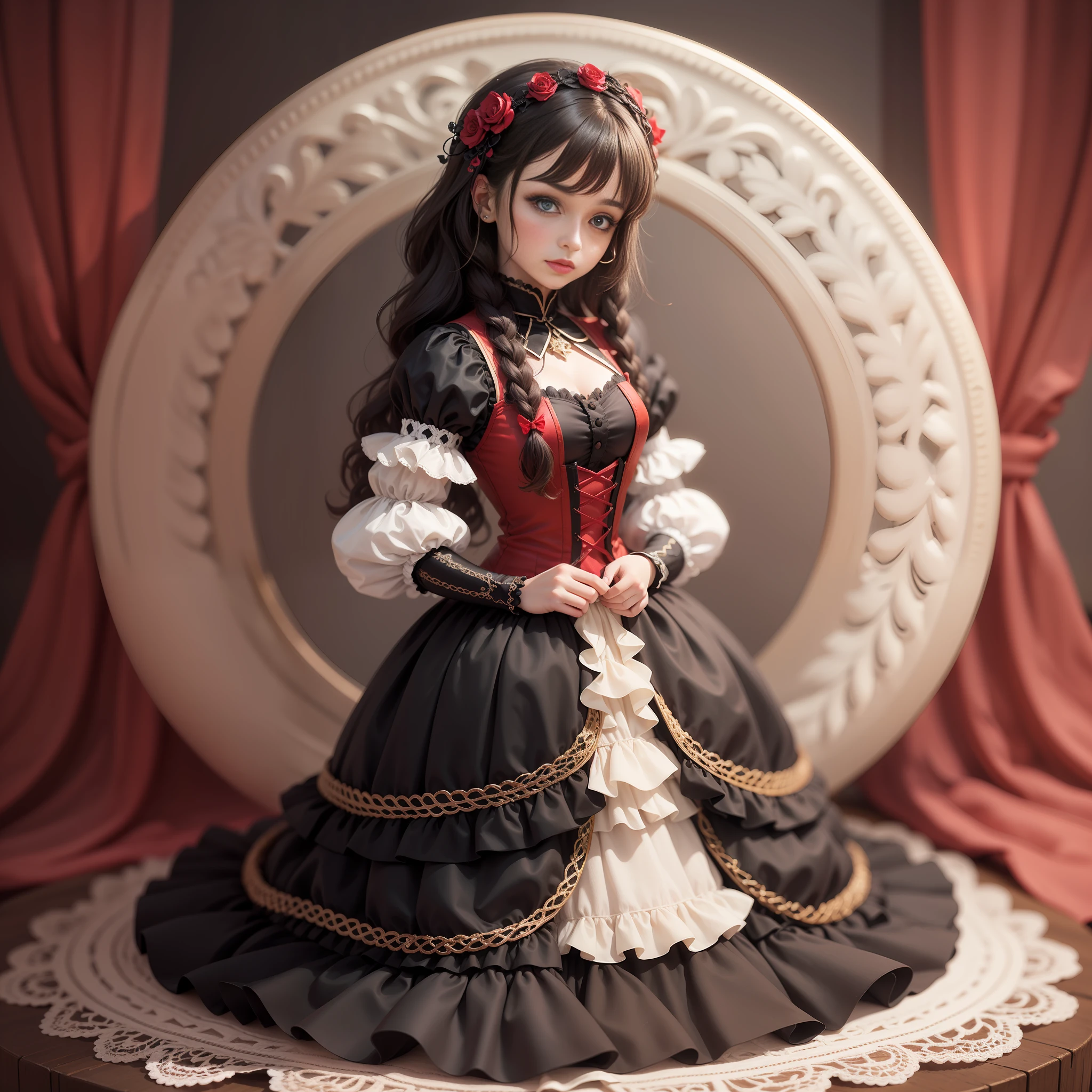 a super cute face woman, delicate beautiful wavy braided bang hair, dress like black and red French doll, full body, perfect proportions, dark fantasy, portrait, high resolution, highest quality, super high quality, super detail, ultra-realistic, photorealistic
