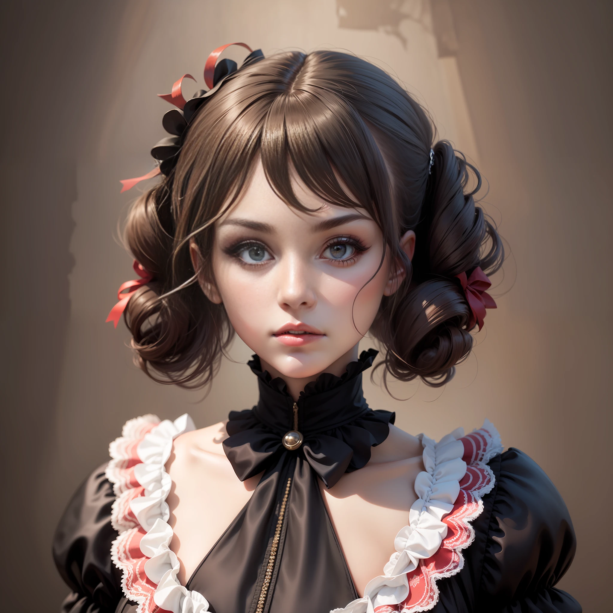 a super cute face woman, delicate beautiful wavy braided bang hair, dress like black and red French doll, full body, perfect proportions, dark fantasy, portrait, high resolution, highest quality, super high quality, super detail, ultra-realistic, photorealistic