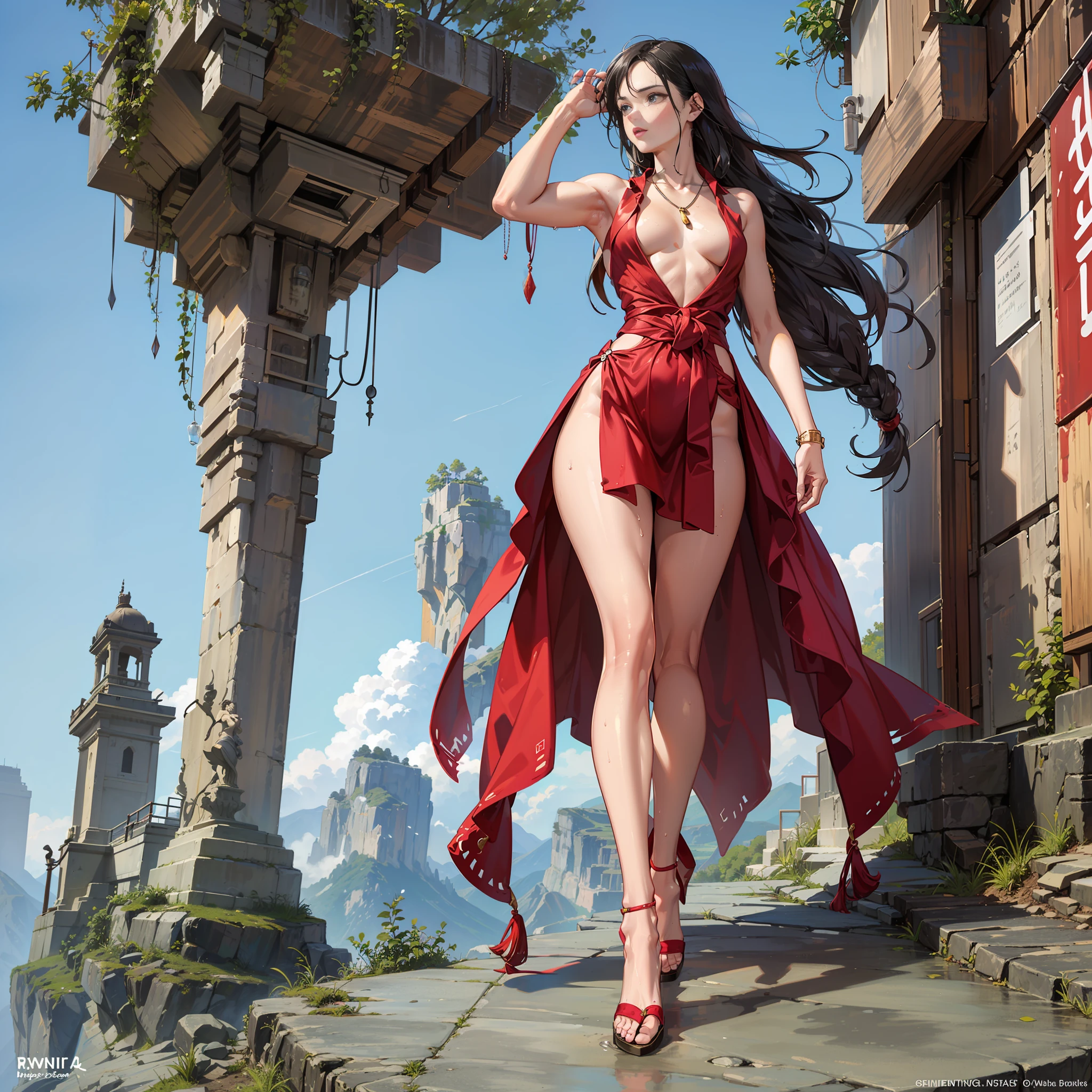 Masterpiece, top quality, mountain, cliff, rocky place, woman climbing rock, Japan woman, beauty, 25 years old, ((with attractive waist)), (big buttocks), small, black hair, braided hair, (medium hair), painful look, openness, (constriction), (toned body), soft expression, high leg, (full body), (attractive thighs), armpits, wet skin, wet hair, (highly revealing), supple body, (( Outstanding proportions)), topless, necklace, accessories, solo, one woman, (((detailed face)), back view