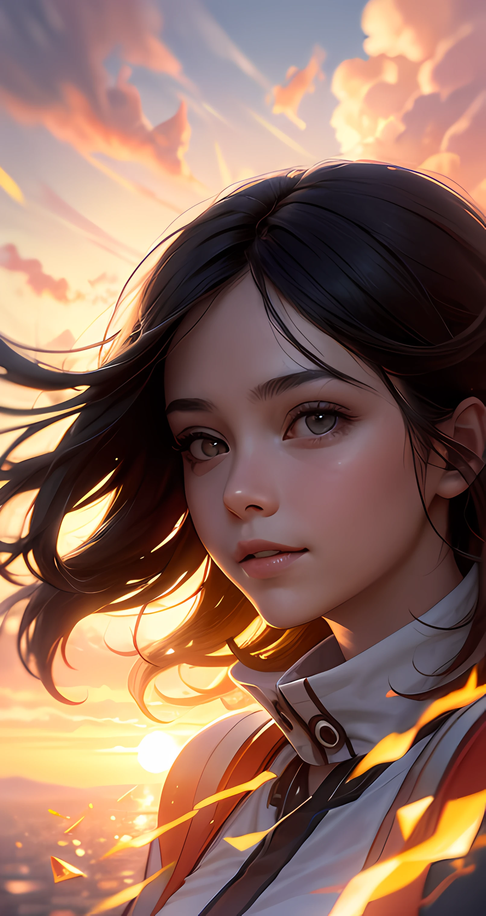 masterpiece, best quality, movie still, 1girl, cloud girl, floating in the sky, close-up, bright, happy, warm soft lighting, sunset, (sparks:0.7)