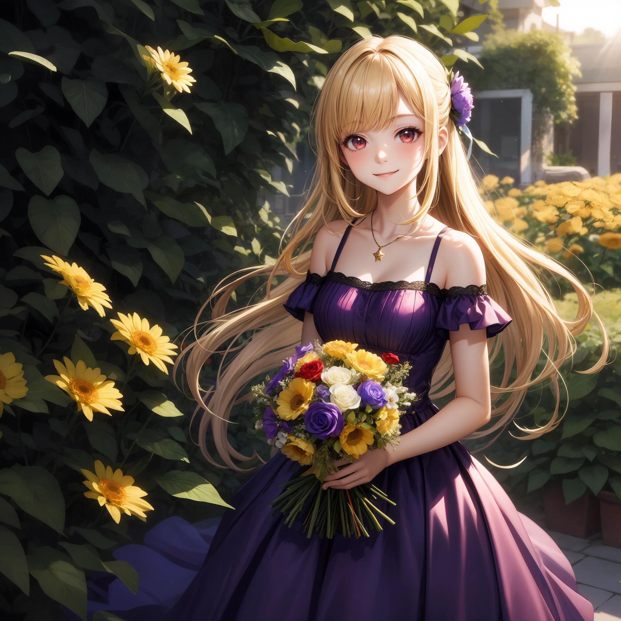 blonde, red eyes, girl, alone, solo, 1girl, purple dress, sun, sunlight, smile, flower garden, bouquet