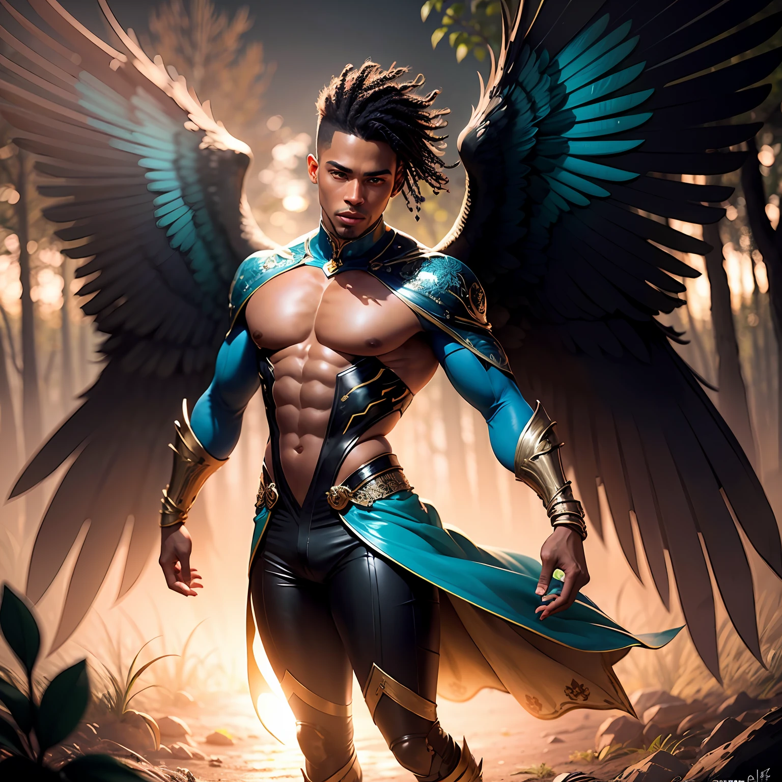 Black Fairy Beautiful Male Black Man with Blue and Orange Details, Large Wings, Forest in the Background, Vibrant Colors, Full Body, Detailed Face, Detailed Hands, Detailed Legs, Detailed Fingers, Detailed Hair, Detailed Eyes, Detailed Skin, Lush Vegetation Blurred Background, Vibrant Colors, Lush Light, Soft Light, Sunset Light, Smooth Light, Symmetrical, Full Body, Reflections, HDR Dynamic Lighting, 8K Resolution,  cinematic film, smooth, sharp focus, realistic, strobe light beams, ((blurred background)):1.7, (((depth of field)) ):1.8, cinestill 800t 35mm, high quality, heavy grain, high detail, cinematic composition, dramatic light, anamorphic, ultra wide lens, hyperrealistic --auto