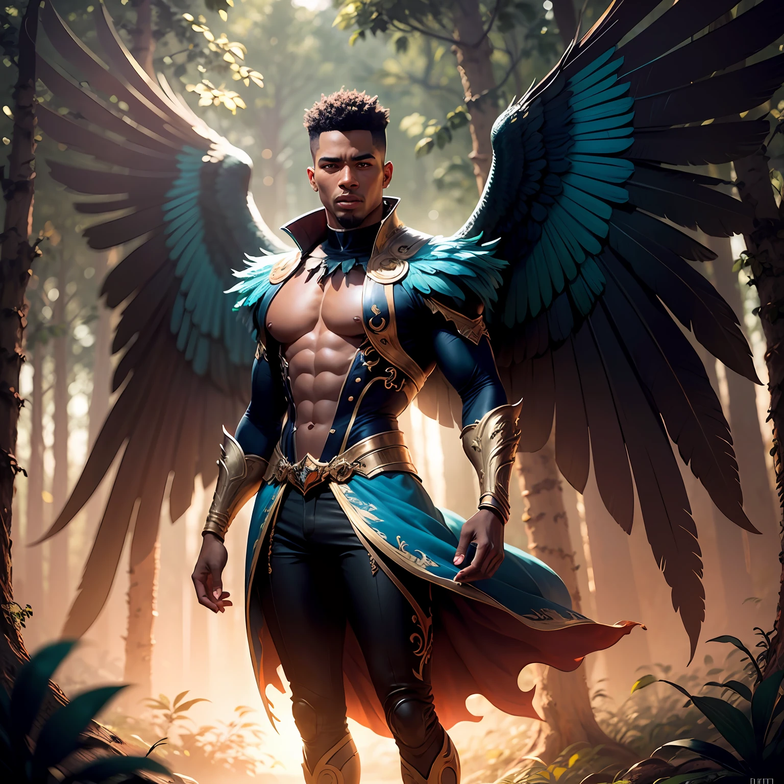 Black Fairy Beautiful Male Black Man with Blue and Orange Details, Large Wings, Forest in the Background, Vibrant Colors, Full Body, Detailed Face, Detailed Hands, Detailed Legs, Detailed Fingers, Detailed Hair, Detailed Eyes, Detailed Skin, Lush Vegetation Blurred Background, Vibrant Colors, Lush Light, Soft Light, Sunset Light, Smooth Light, Symmetrical, Full Body, Reflections, HDR Dynamic Lighting, 8K Resolution,  cinematic film, smooth, sharp focus, realistic, strobe light beams, ((blurred background)):1.7, (((depth of field)) ):1.8, cinestill 800t 35mm, high quality, heavy grain, high detail, cinematic composition, dramatic light, anamorphic, ultra wide lens, hyperrealistic --auto