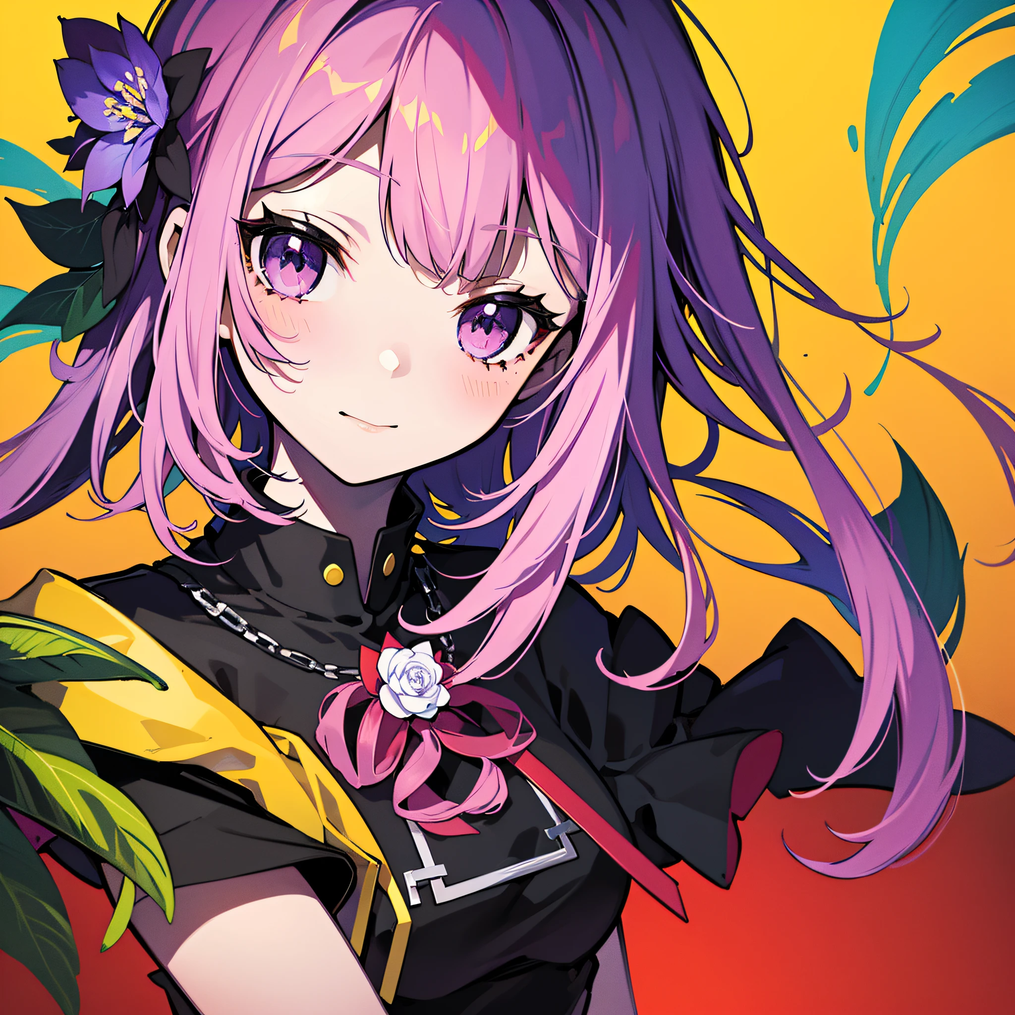 masterpiece, best quality, colorful, high resolution illustration, phmomo, solo, 1girl, pink hair, purple eyes, short hair, hair flower