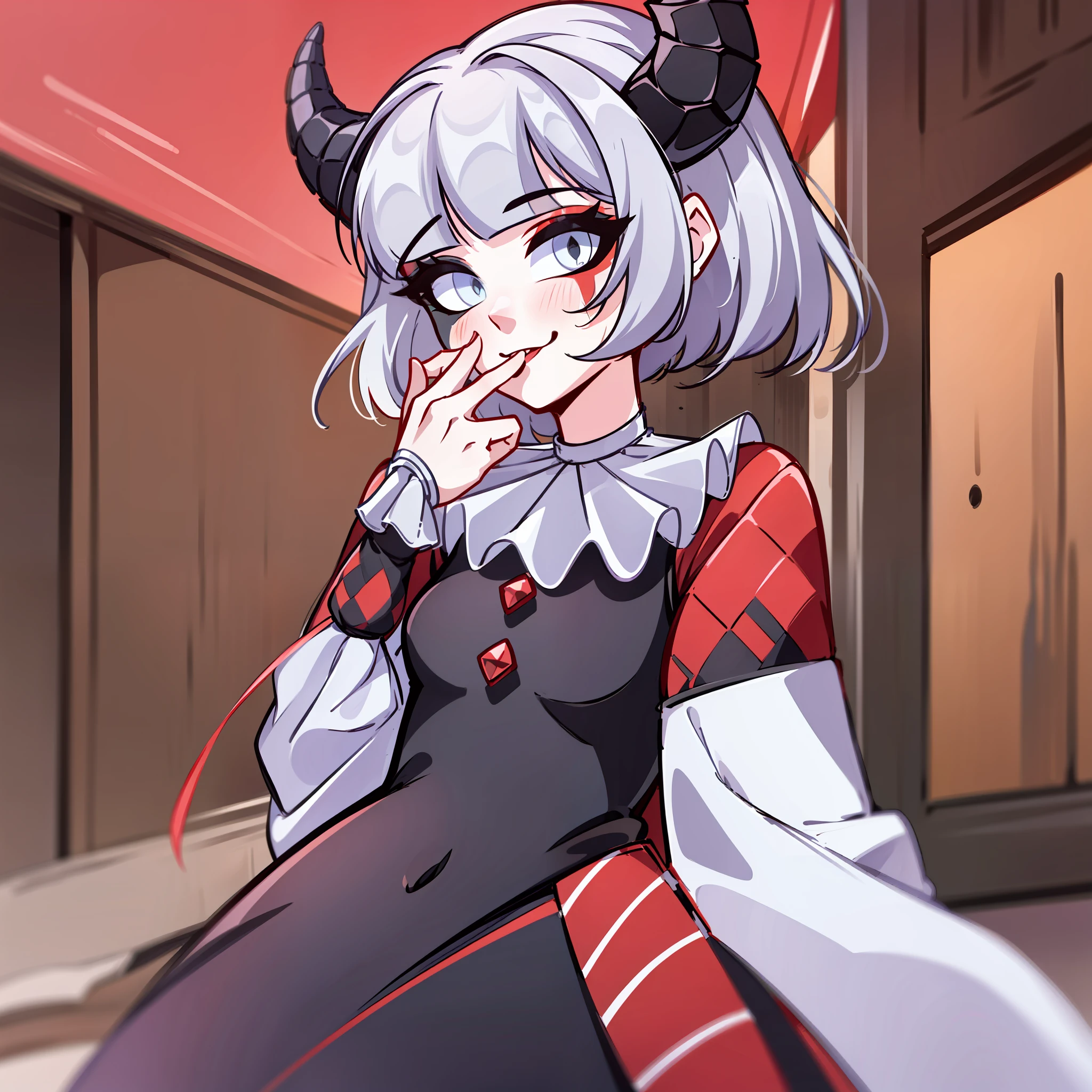 (Best quality: 1.0), (super high res: 1.0), extremely detailed character, detailed hands, half-dragon girl, horns, scales on the neck, scales on the shoulders, scales on the forearm, scales on the cheek, girl with dragon tail, dragon tail, extremely detailed hair, short hair, ((white hair)), ((black locks)), extremely detailed eyes, eye with different colors, heterochromia, white right eye and black left eye, dragon eyes, 2d, anime art, ((child)), ((full body)), standing, medieval, Rpg, small, cute, showing tongue, mischievous expression, mischievous face, mischievous, playful