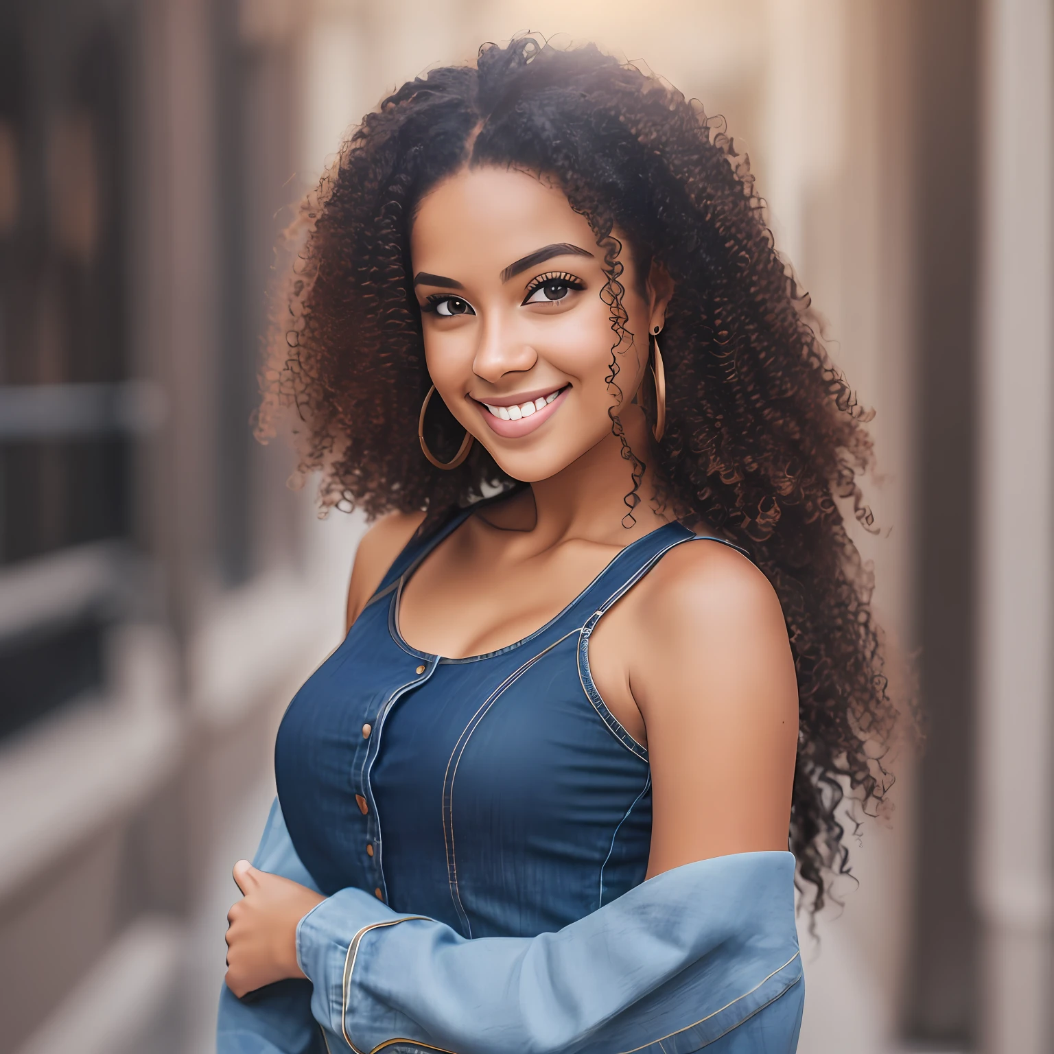 Photo RAW, 25-year-old woman, mulatto, average height, black and wavy hair, dark brown eyes, wearing dark blue top and jeans, captivating smile and beautiful face (high quality and realistic image), ((Best Quality, 8k, Masterpiece). --auto --s2