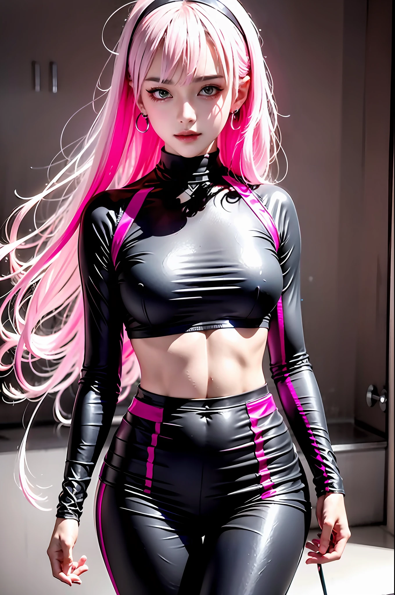 closeup, 1 girl, alone, [dark blue and pink hair: blue and pink hair:0.2], cyberpunk, high tech, V, mechanical parts, looking at audience, black eyes, long hair, luminous laser female super tech jumpsuit, cyberpunk mechanical body parts, with tattoos, interior, luminous laser earrings. high contrast, night, black, [freckles:0.9], reflective transparent rainbow, long hair, breasts, white skin most beautiful Korean woman's face, seductive expression, (relaxed pose: 1.5), eva, complex background, Sony a6300, extremely beautiful and gorgeous anime illustration, with cinematic perspective，(relaxed pose: 1. 5), eva, complex background, Sony a6300, extremely beautiful and gorgeous anime illustration with a cinematic perspective.