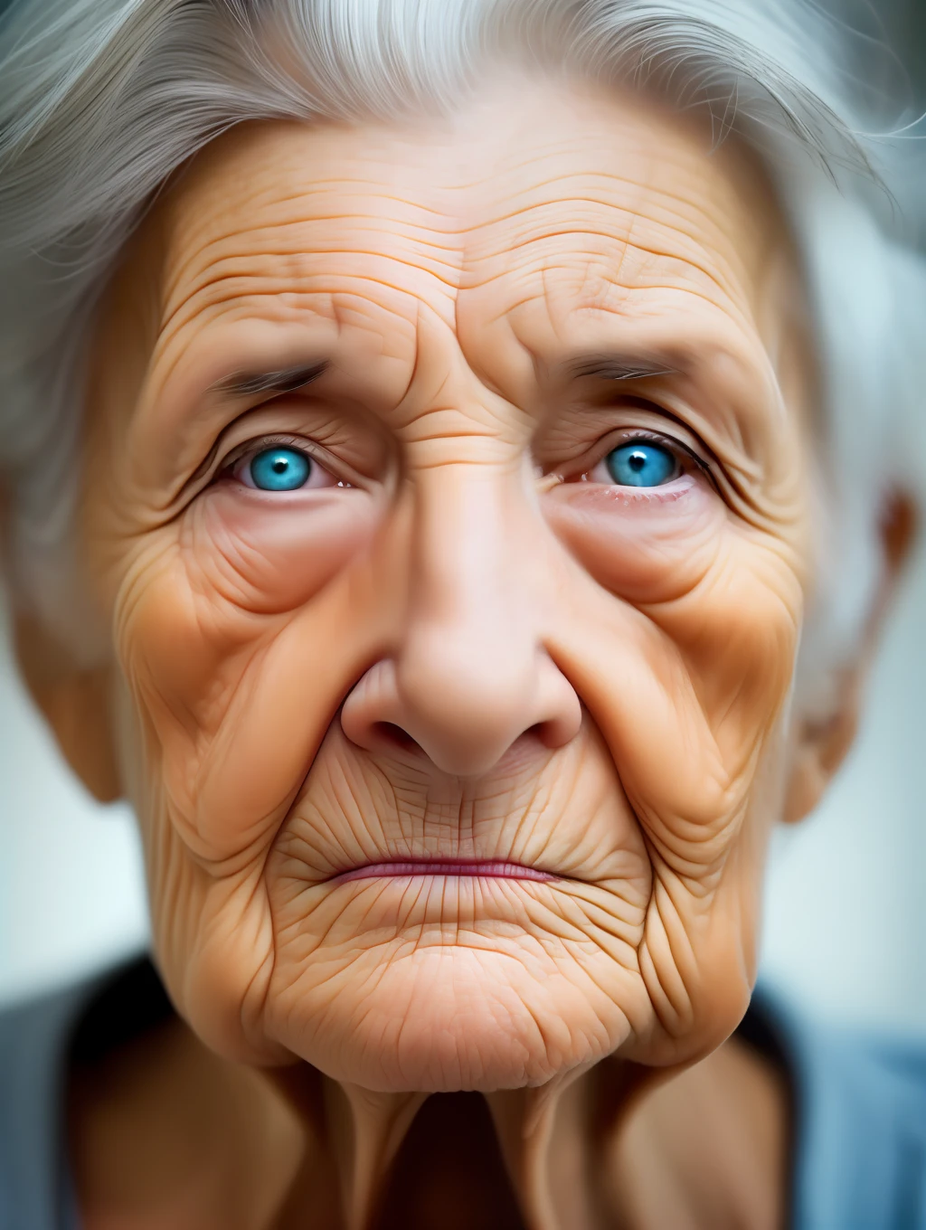 Intense close-up photo of a very old woman’s face, focus on her eyes, very detailed
