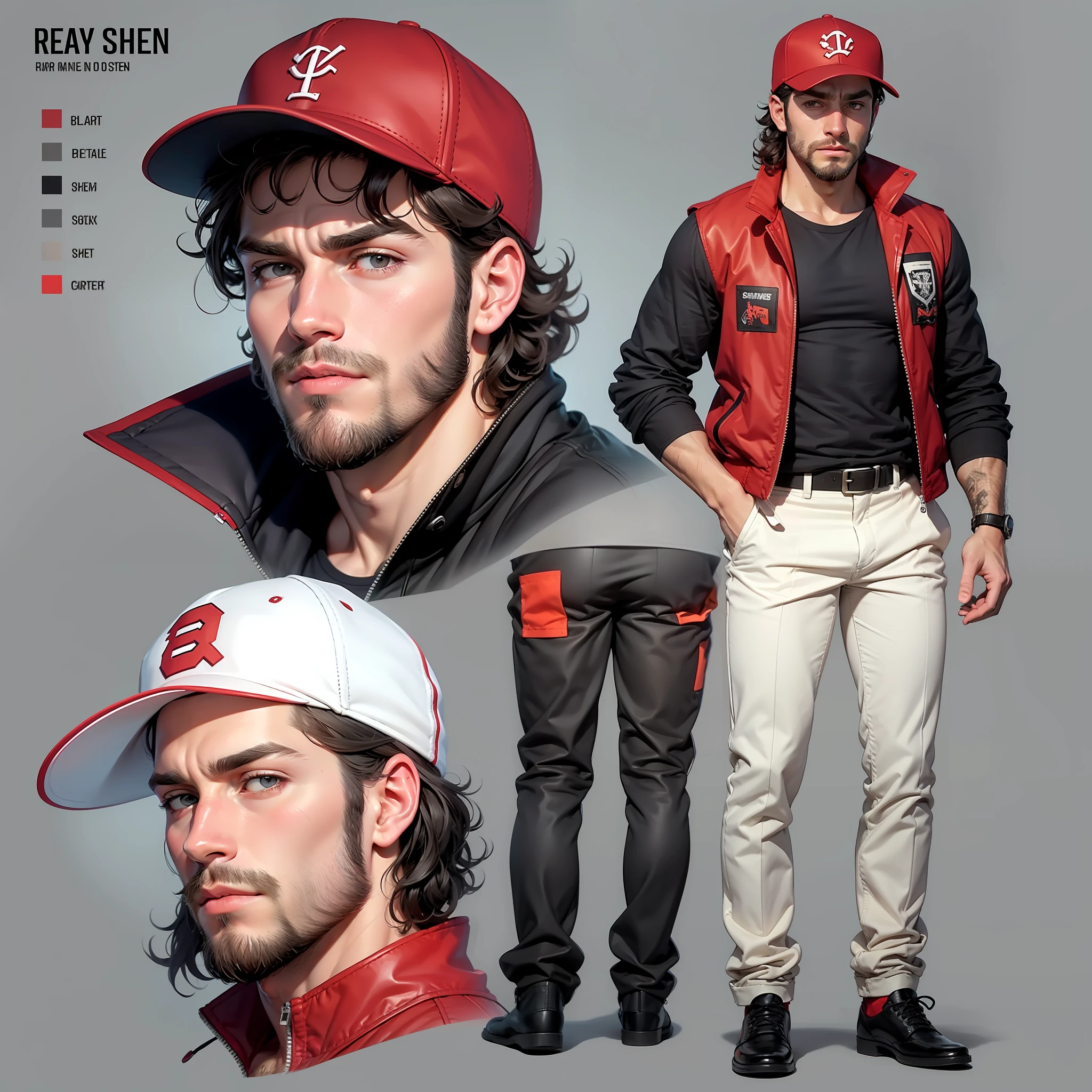 character sheet, white male with very curly short hair and beard, red baseball cap, black and red utility jacket, motorist, high quality, handsome, black suit pants, mild body hair, messy look, rugged, different facial expressions, full body, white shirt, white socks