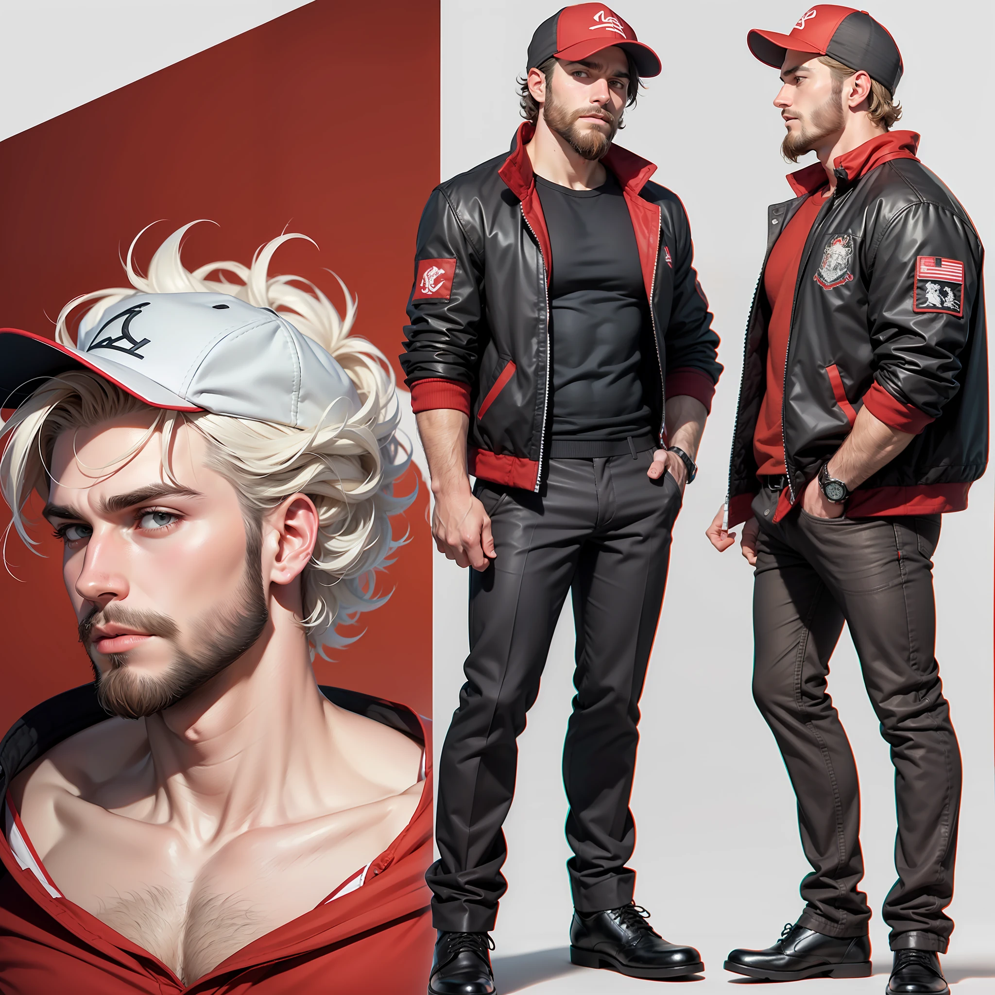 character sheet, white male with very curly short hair and beard, red baseball cap, black and red utility jacket, motorist, high quality, handsome, black suit pants, mild body hair, messy look, rugged, different facial expressions, full body, white shirt, white socks