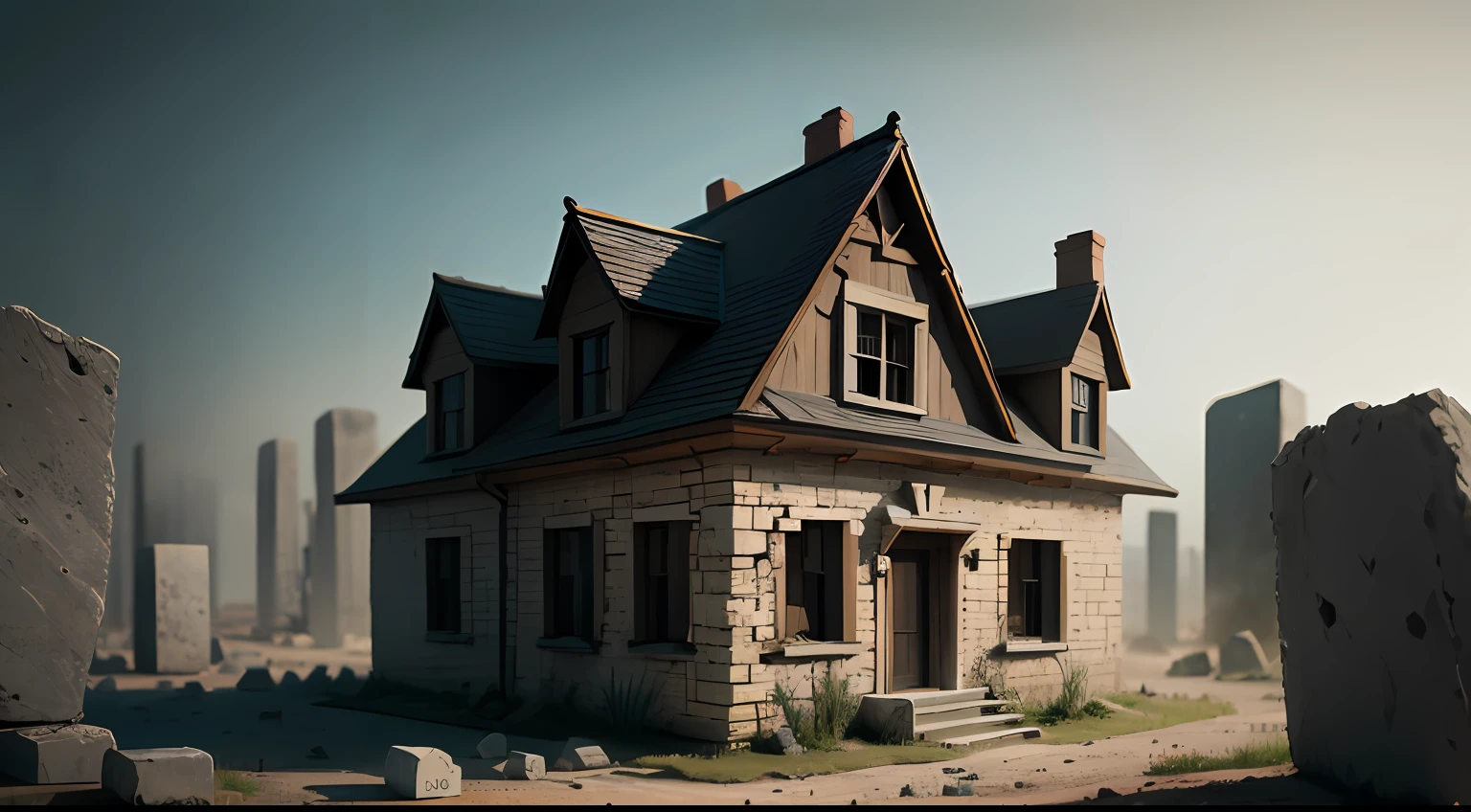 a shadowy house in the middle of several pieces of rectangular stones stuck in the ground