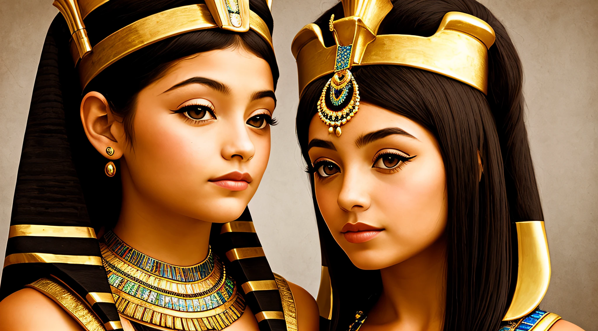 GIRL CHILD BLONDE WITH LONG HAIR, A PORTRAIT, of a bust of a mENINA CHILD wearing a hat, wearing an egyptian crown, Nefertiti, ancient egyptian, egyptian, egyptian makeup, precise for egyptian tradition, egyptian art, makeup of egypt, beautiful and huge head ornaments, ancient egyptian art, ancient egyptian art, ancient egypt, beautiful cleopatra, egyptian princess,  Ancient Princess Libu