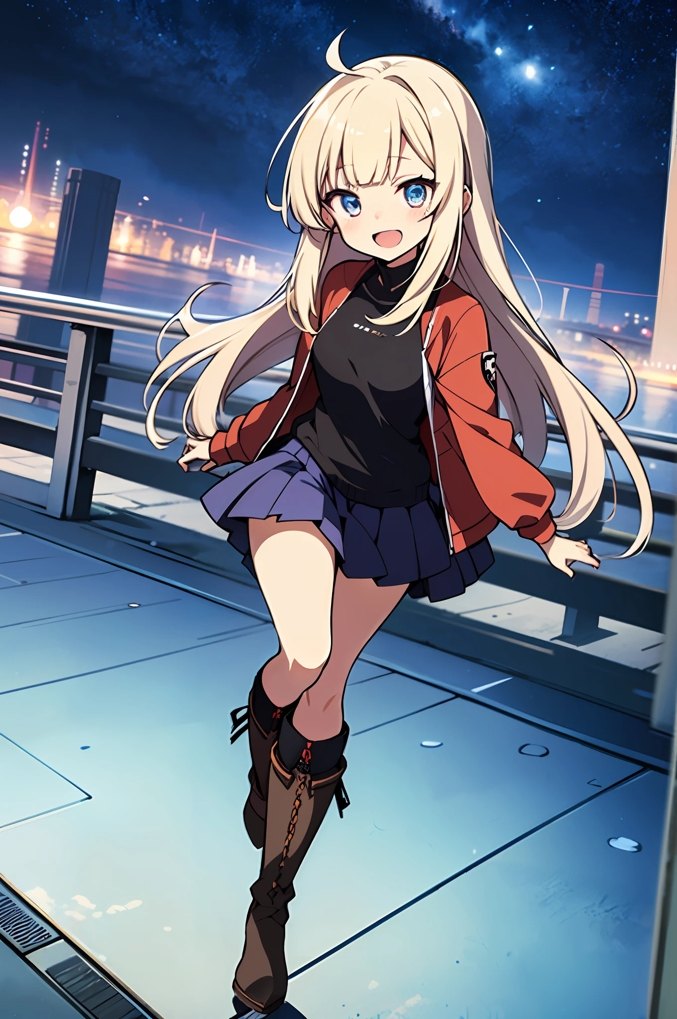 masterpiece, best quality, ultra detail, 8k_wallpaper, (beautiful eyes), (cute)), cute, (lovely), (erotic), anime moe art style, casual clothing, skirt to the last minute, long hair, straight hair, ((((absolute area)))), knee socks, short boots, adult woman, smile, snappy bangs, open mouth,