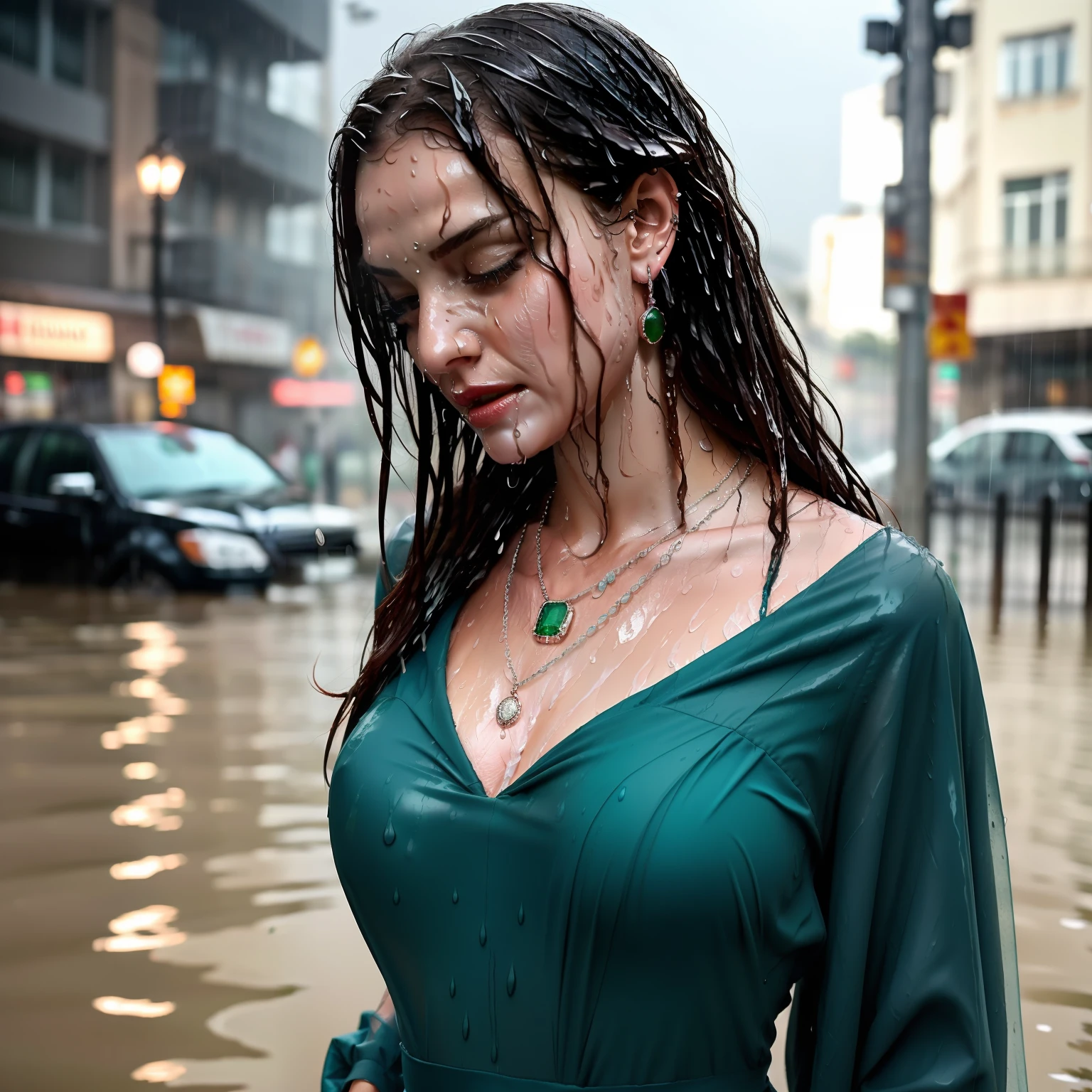 Best quality, Masterpiece, beautiful princess in a flooded city street, raining, wearing a stunning green gown and tiara, wearing silver jewelry with emeralds (necklace, tiara, earrings, bracelets), beautiful woman, wet, wet hair, wet dress, (((drenched))) (((soaked)))