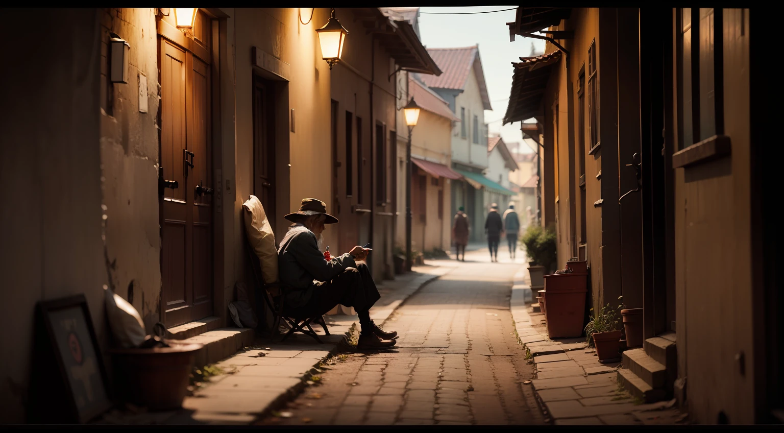 Village street, full of beggar, cinematic colors, vignette, discreet, bright, dark depth of field