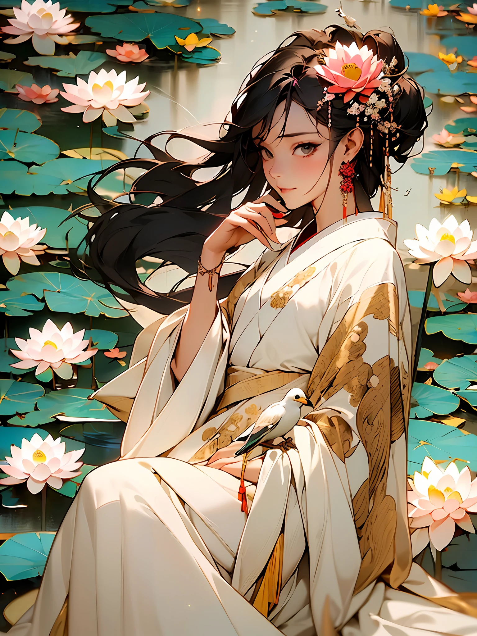 zanhua, Best quality, masterpiece, 1 girl, holding flower, red flower on head, wearing hanfu, in red and white, looking at viewer, bird, flower, black hair, ((lotus)), solo, hair ornament, water, reflection, daylight, cinematic light,